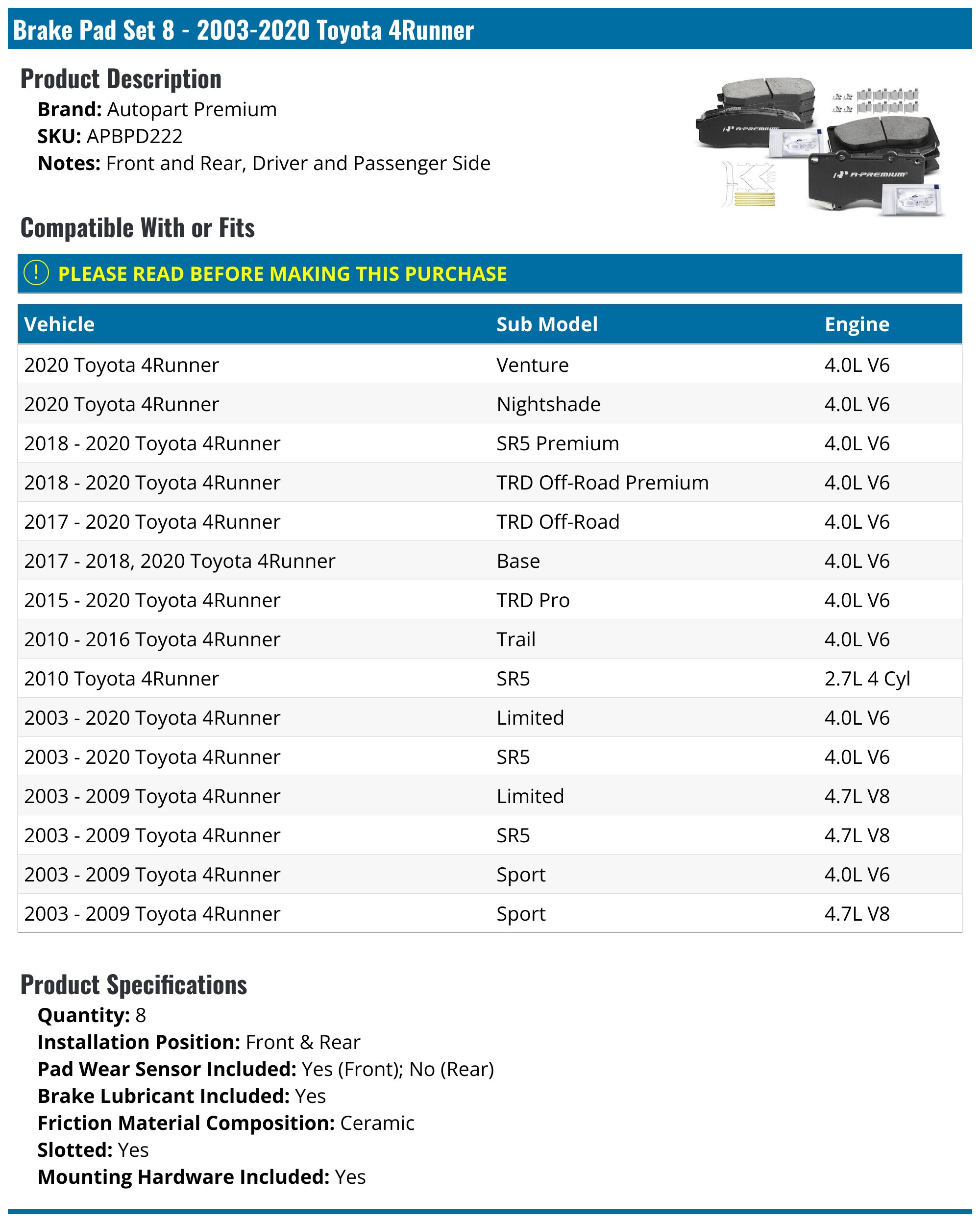 Front & Rear Brake Pad Set - 2003-2020 Toyota 4Runner - Autopart Premium 7926-02539538
