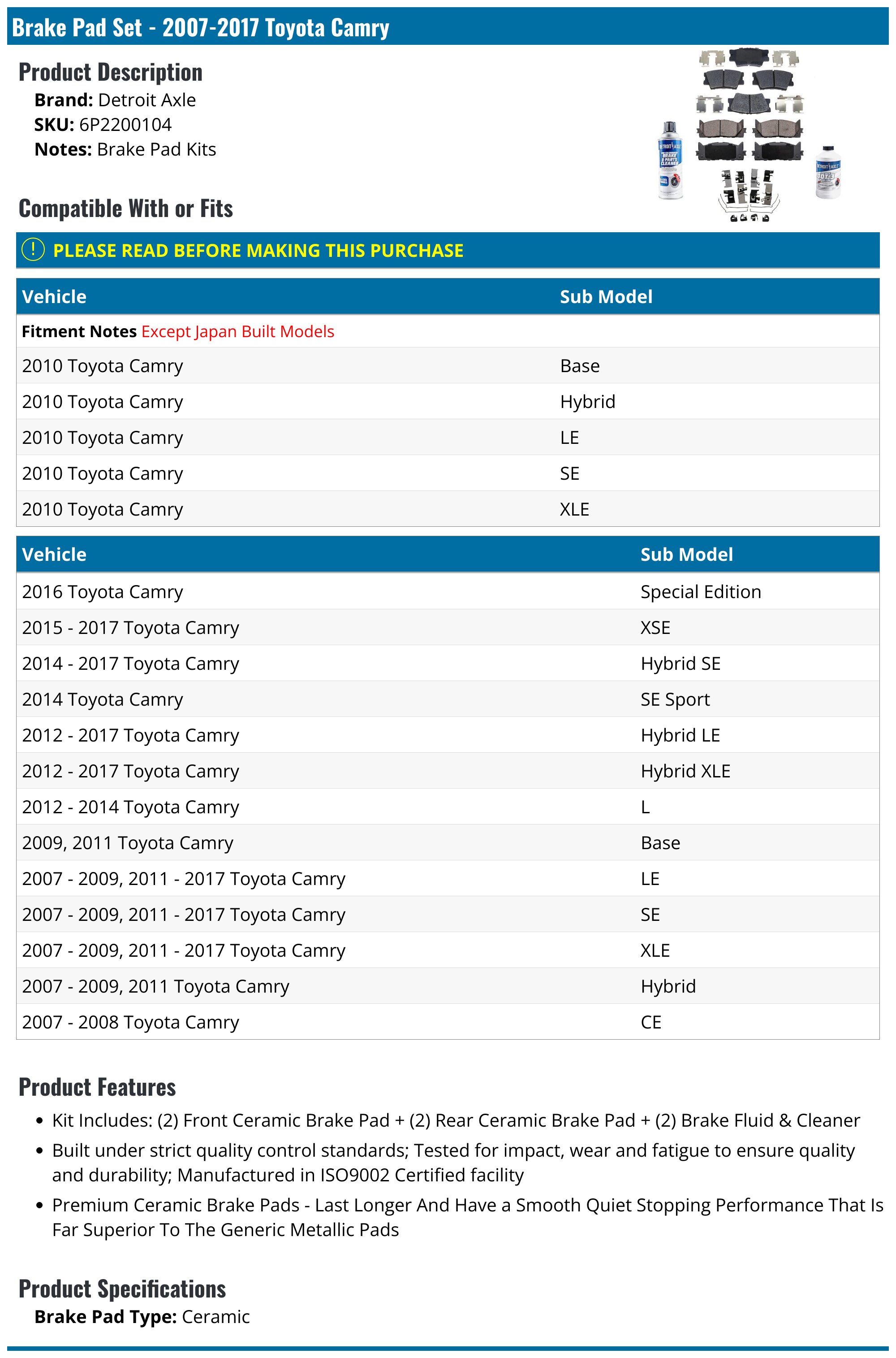 Brake Pad Set - 2007-2017 Toyota Camry - Detroit Axle 18958-02242252