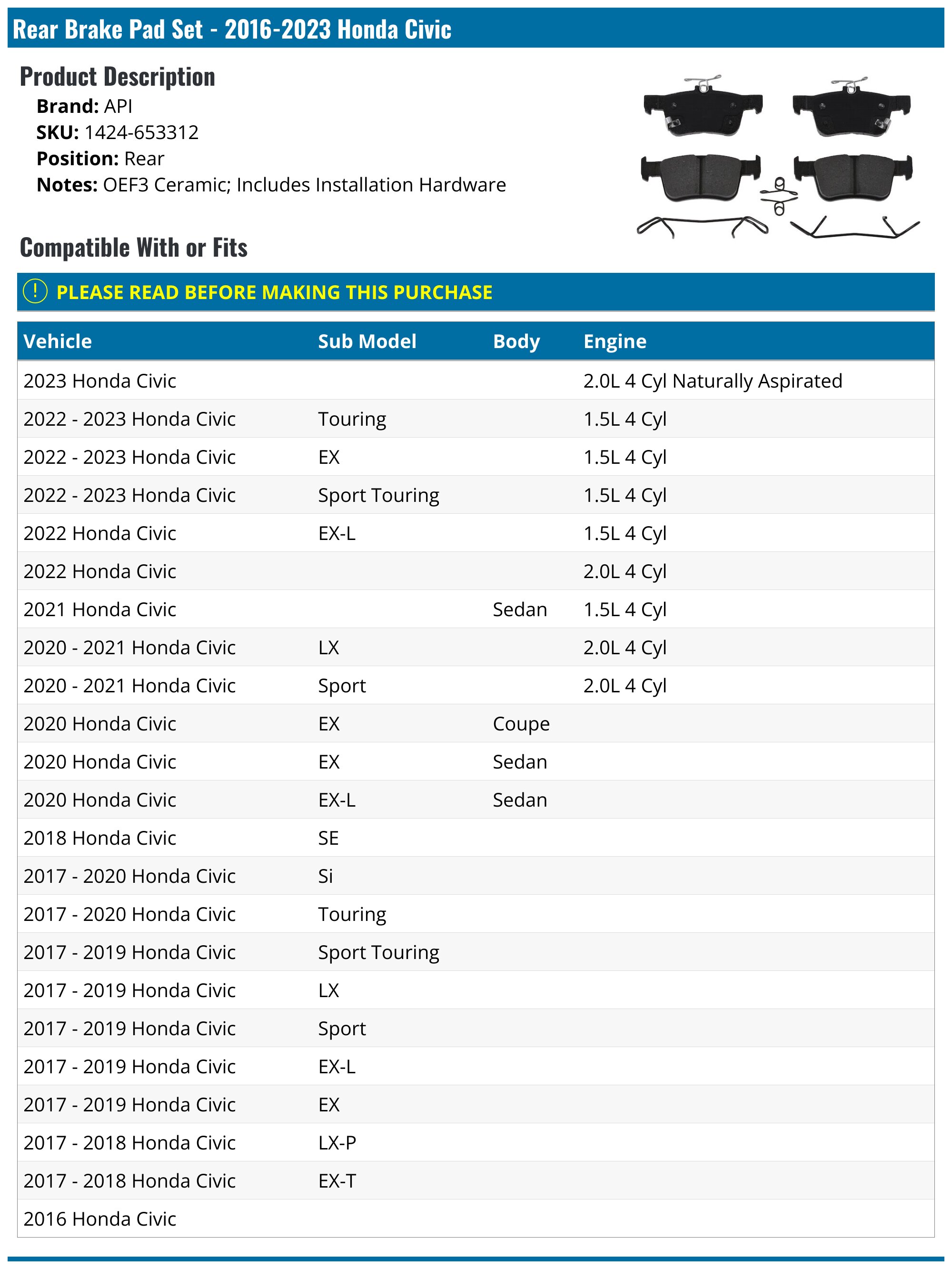 Rear Brake Pad Set - 2016-2024 Honda Civic - API 137958-07617403