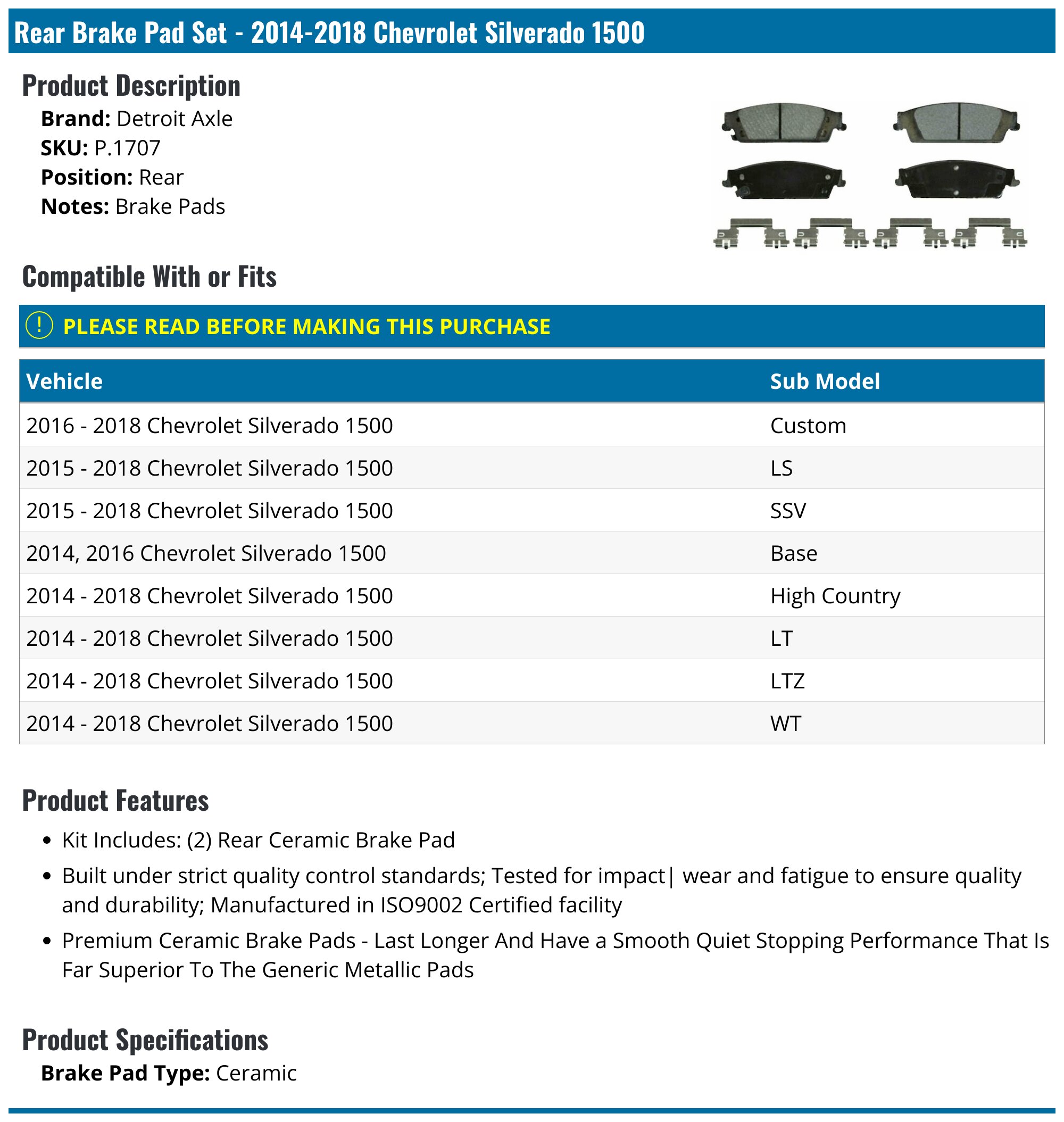 Rear Brake Pad Set - 2014-2018 Chevrolet Silverado 1500 - Detroit Axle 125149-02652989