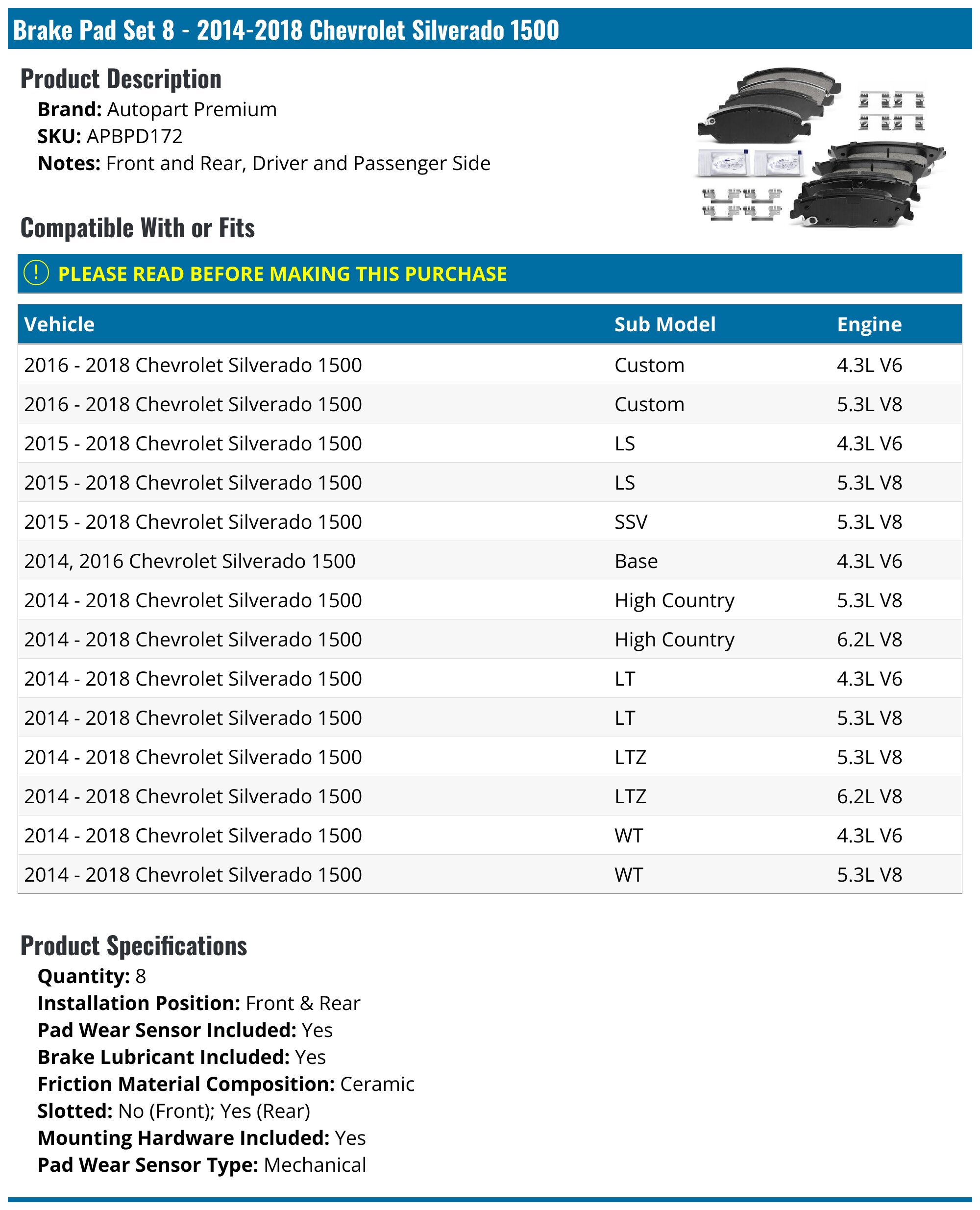 Front & Rear Brake Pad Set - 2014-2018 Chevrolet Silverado 1500 - Autopart Premium 125149-02324642