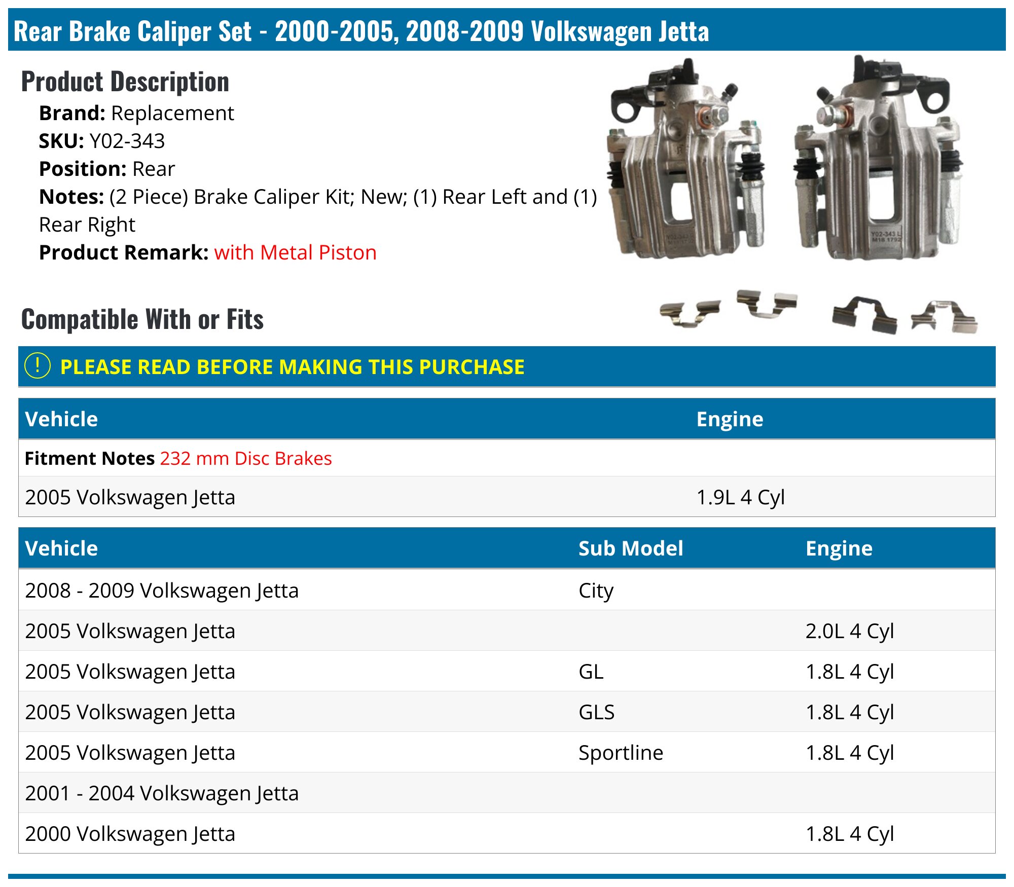 Rear Brake Caliper Set - 2000-2005, 2008-2009 Volkswagen Jetta - Replacement 7459-02180954