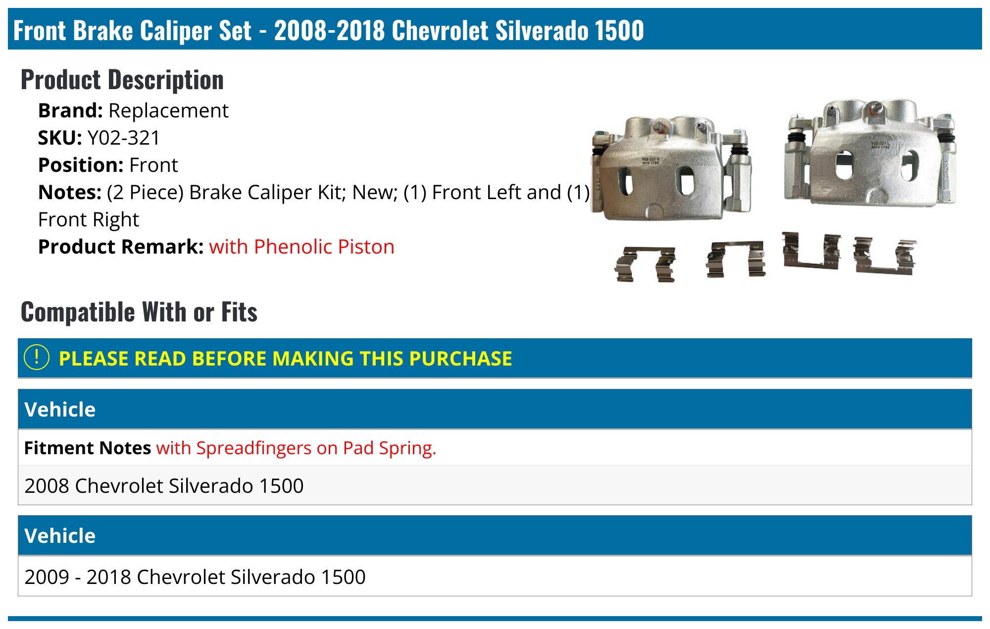 Front Brake Caliper Set of 2 - 2008-2018 Chevrolet Silverado 1500 - Replacement 28775-02818966