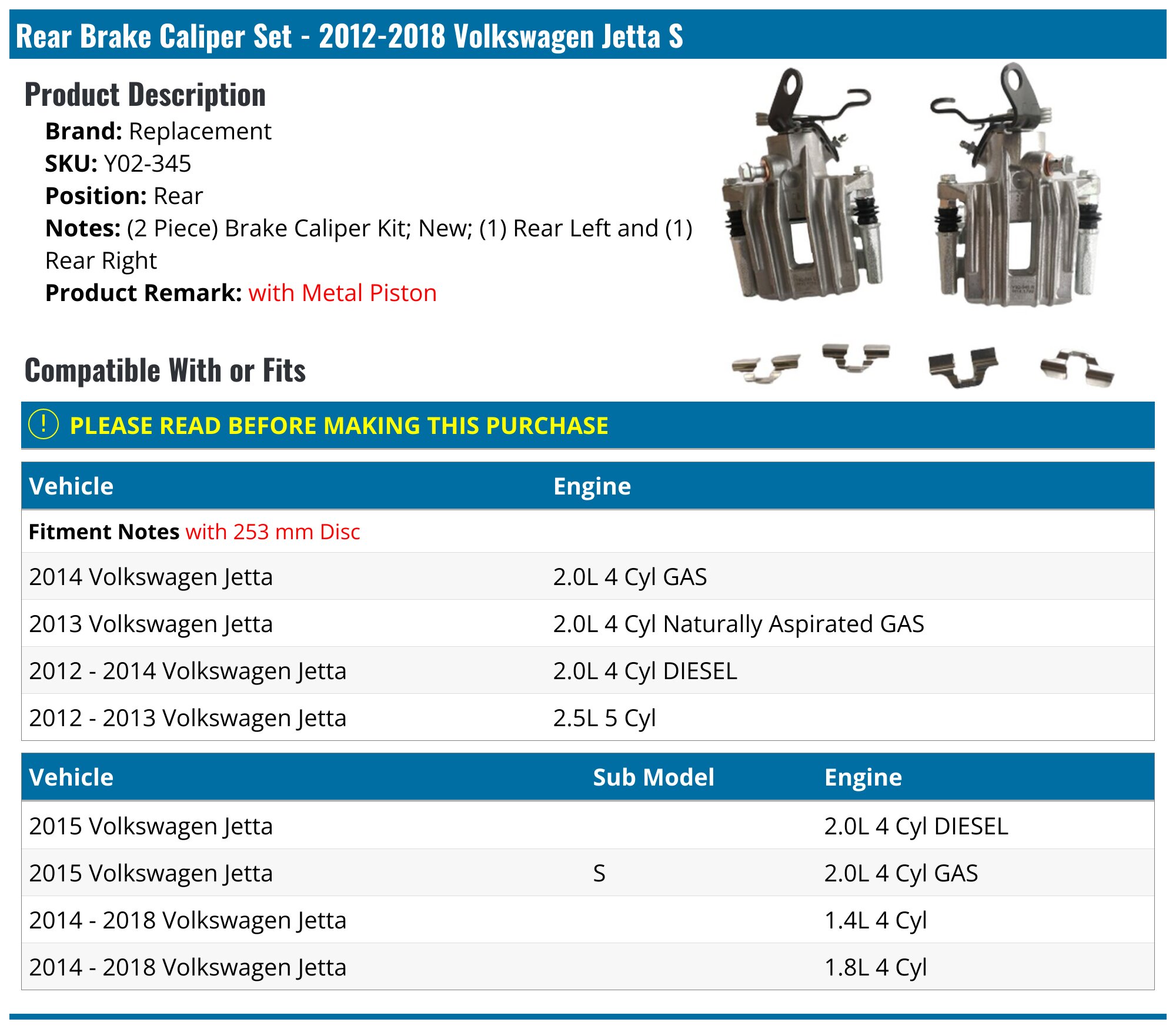 Rear Brake Caliper Set of 2 - 2012-2018 Volkswagen Jetta S (with Metal Piston) - Replacement 118768-02041893