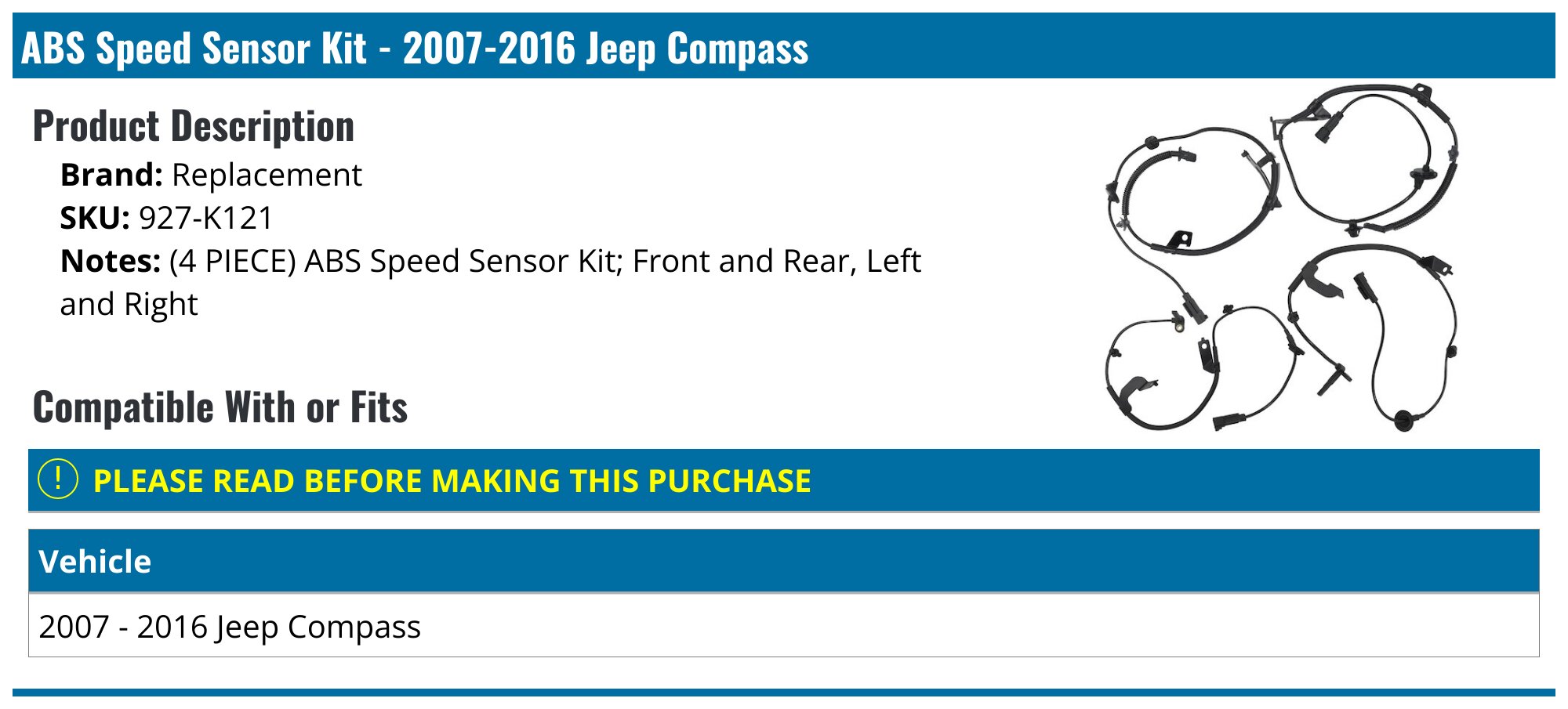 ABS Speed Sensor Kit - 4 Piece - 2007-2016 Jeep Compass - Replacement 19026-02412740