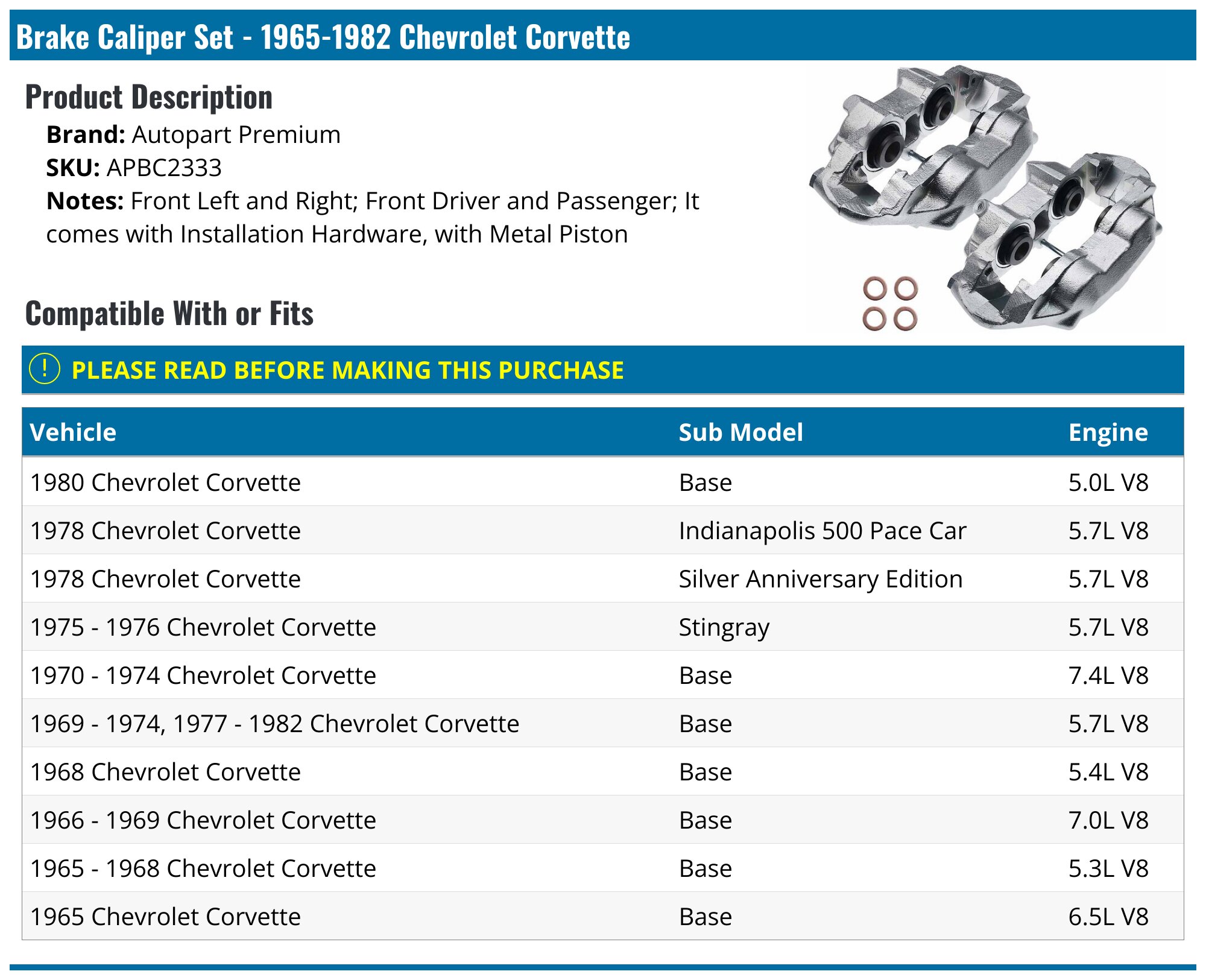 Brake Caliper - 1965-1982 Chevrolet Corvette - Autopart Premium 14077-02974016