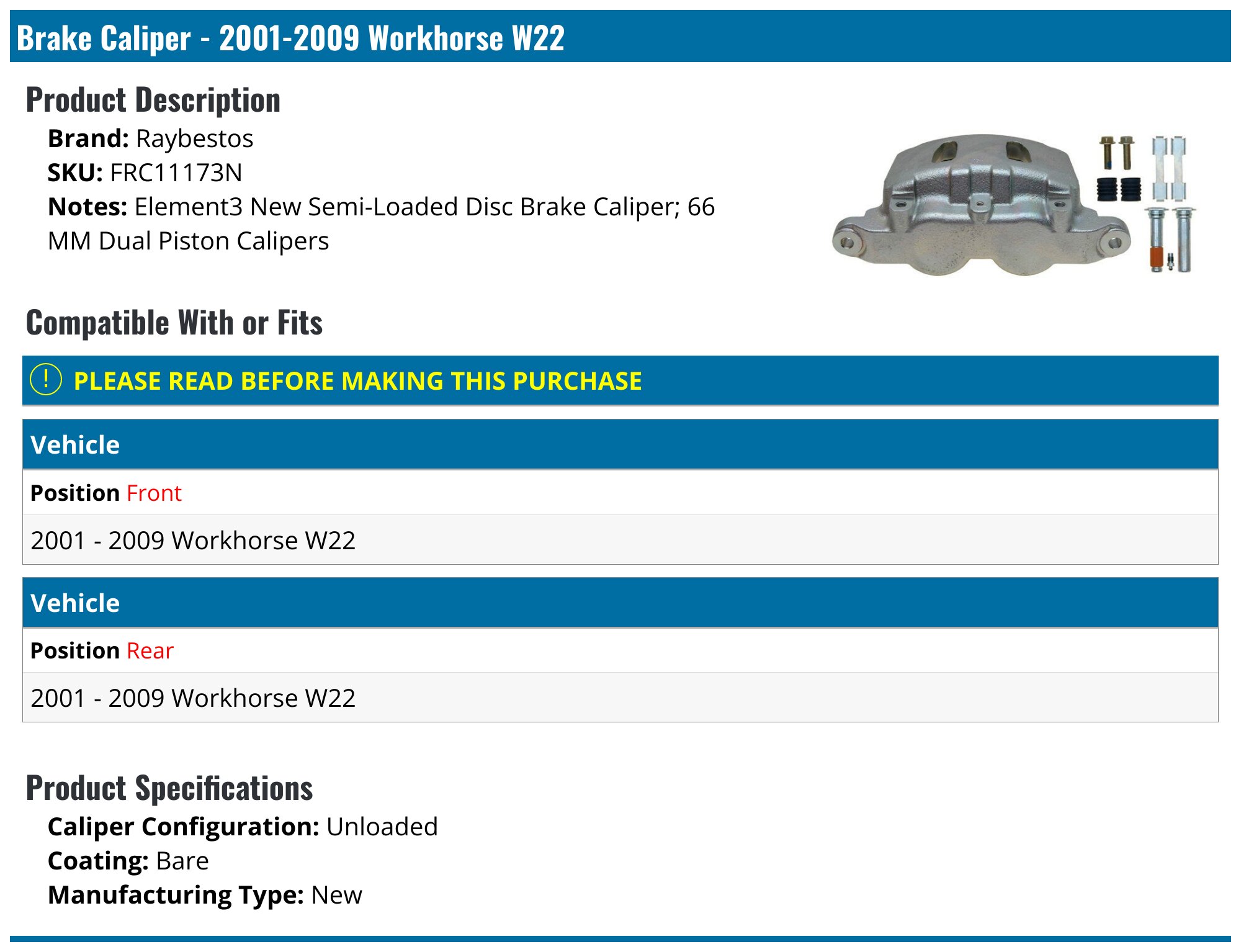 Brake Caliper - 2001-2009 Workhorse W22 - Raybestos 119885-05745880