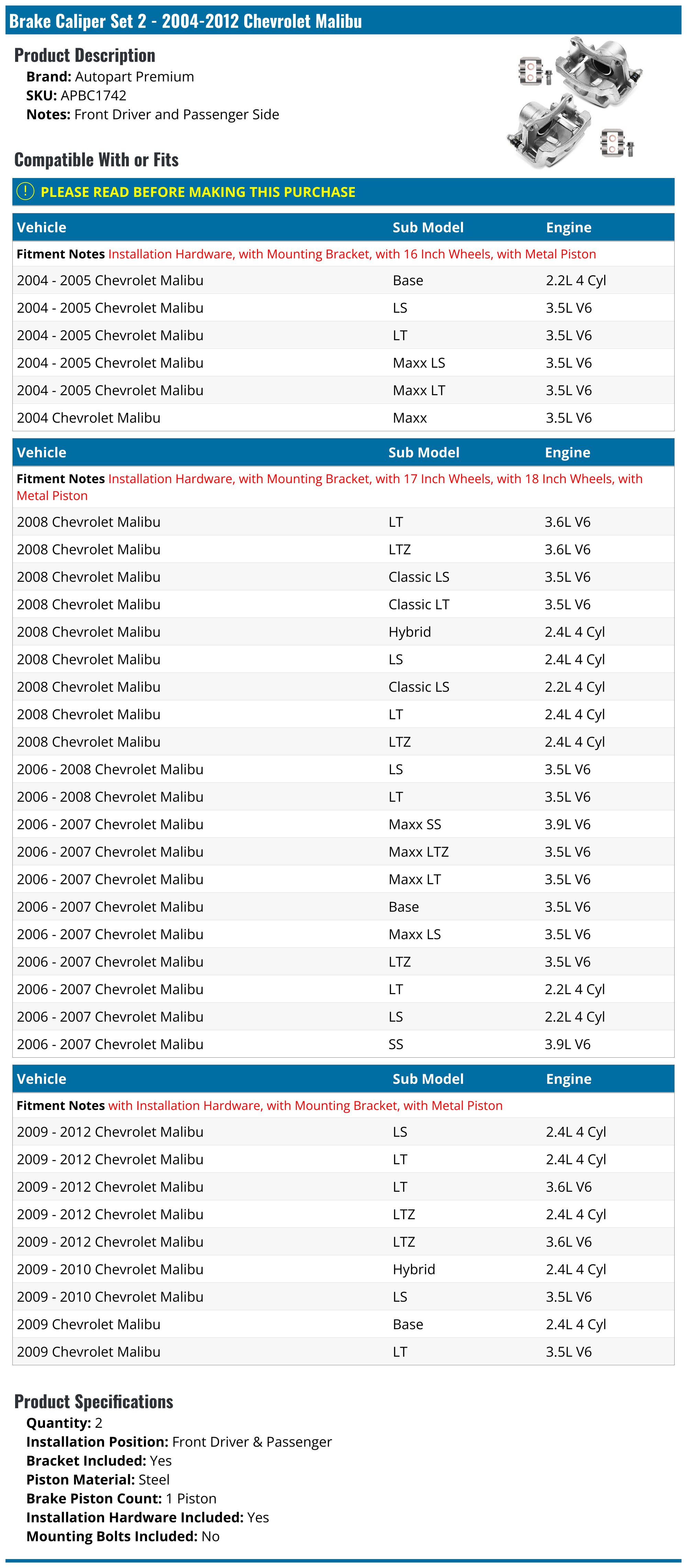 Front Driver & Passenger Brake Caliper Set - 2004-2012 Chevrolet Malibu - Autopart Premium 17833-02666047