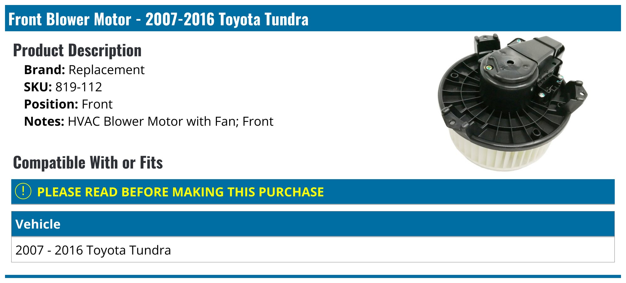 Front Blower Motor - 2007-2016 Toyota Tundra - Replacement 26814-02399008