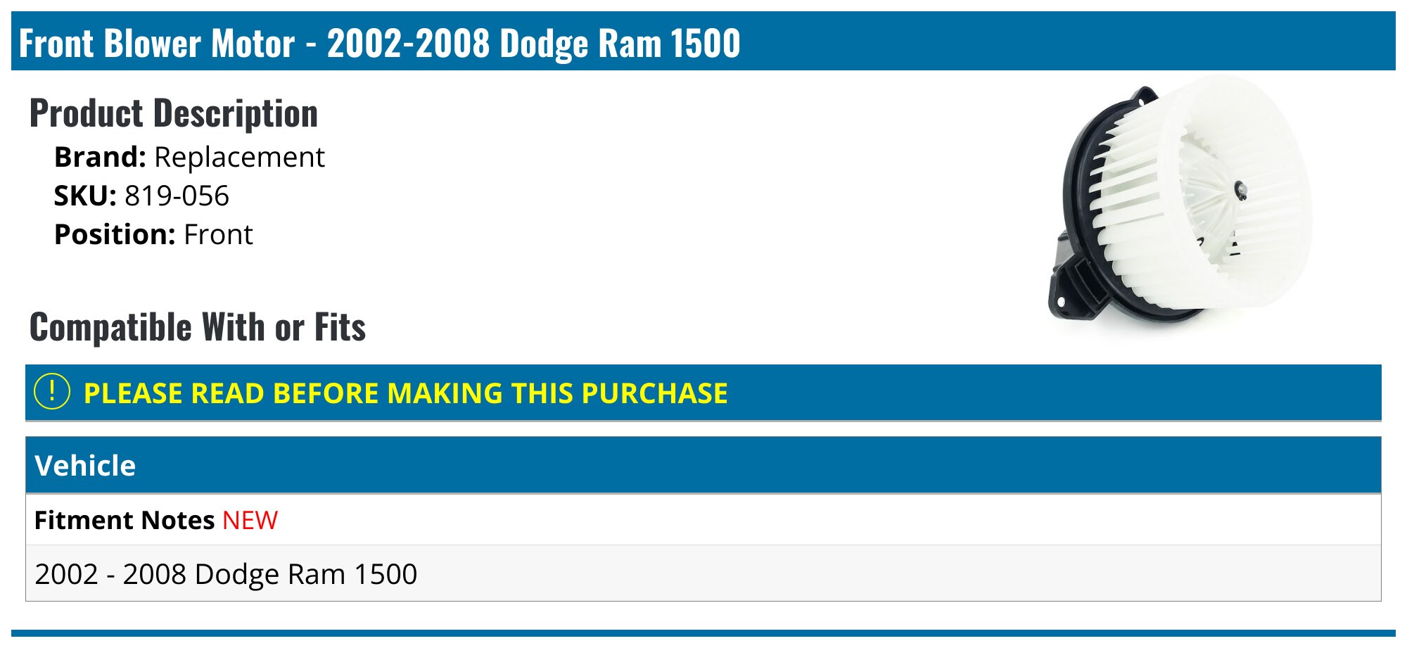 Front Blower Motor - 2002-2008 Dodge Ram 1500 - Replacement 1972-02030646