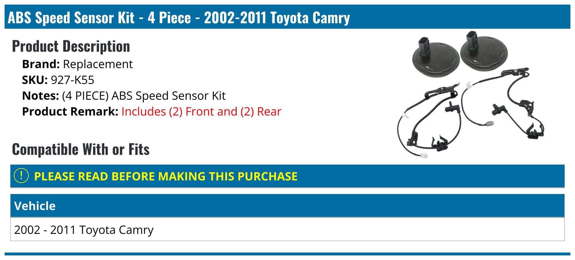 ABS Speed Sensor Kit - 4 Piece - 2002-2011 Toyota Camry - Replacement 7958-02042436