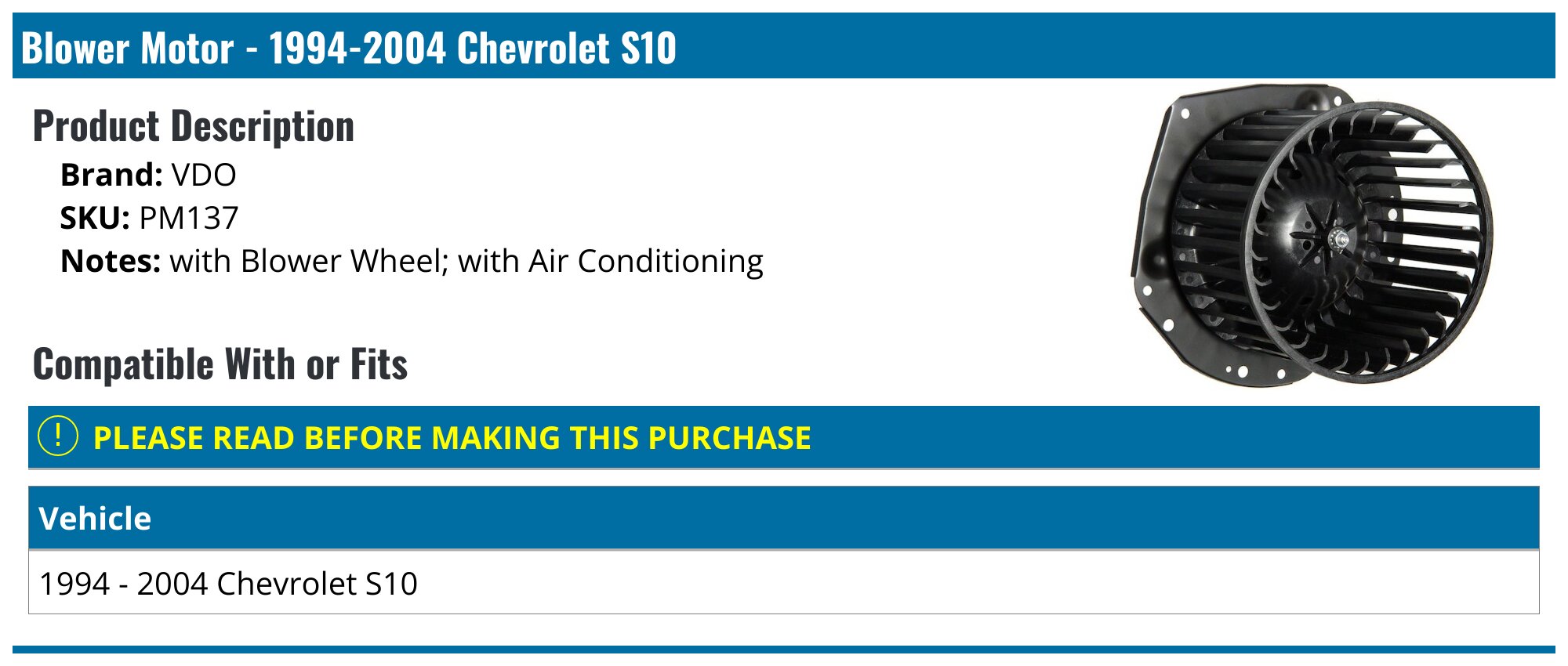 Blower Motor - 1994-2004 Chevrolet S10 - VDO 3679-02861902