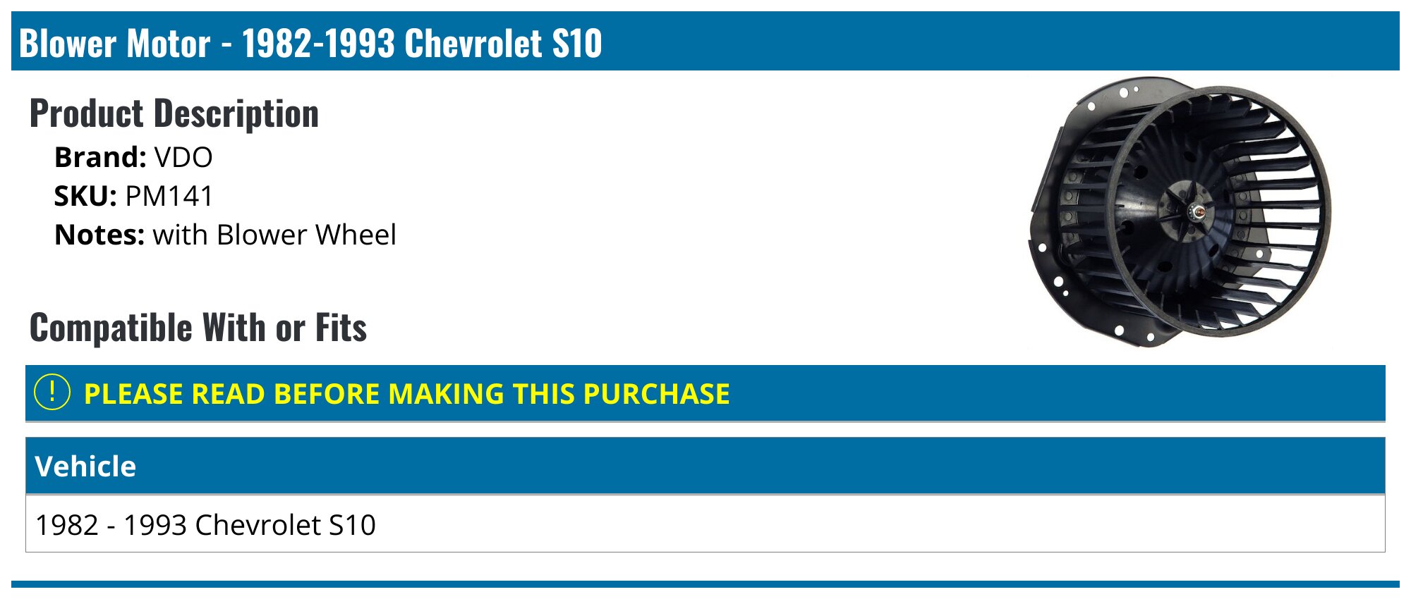 Blower Motor - 1982-1993 Chevrolet S10 - VDO 3668-02628456