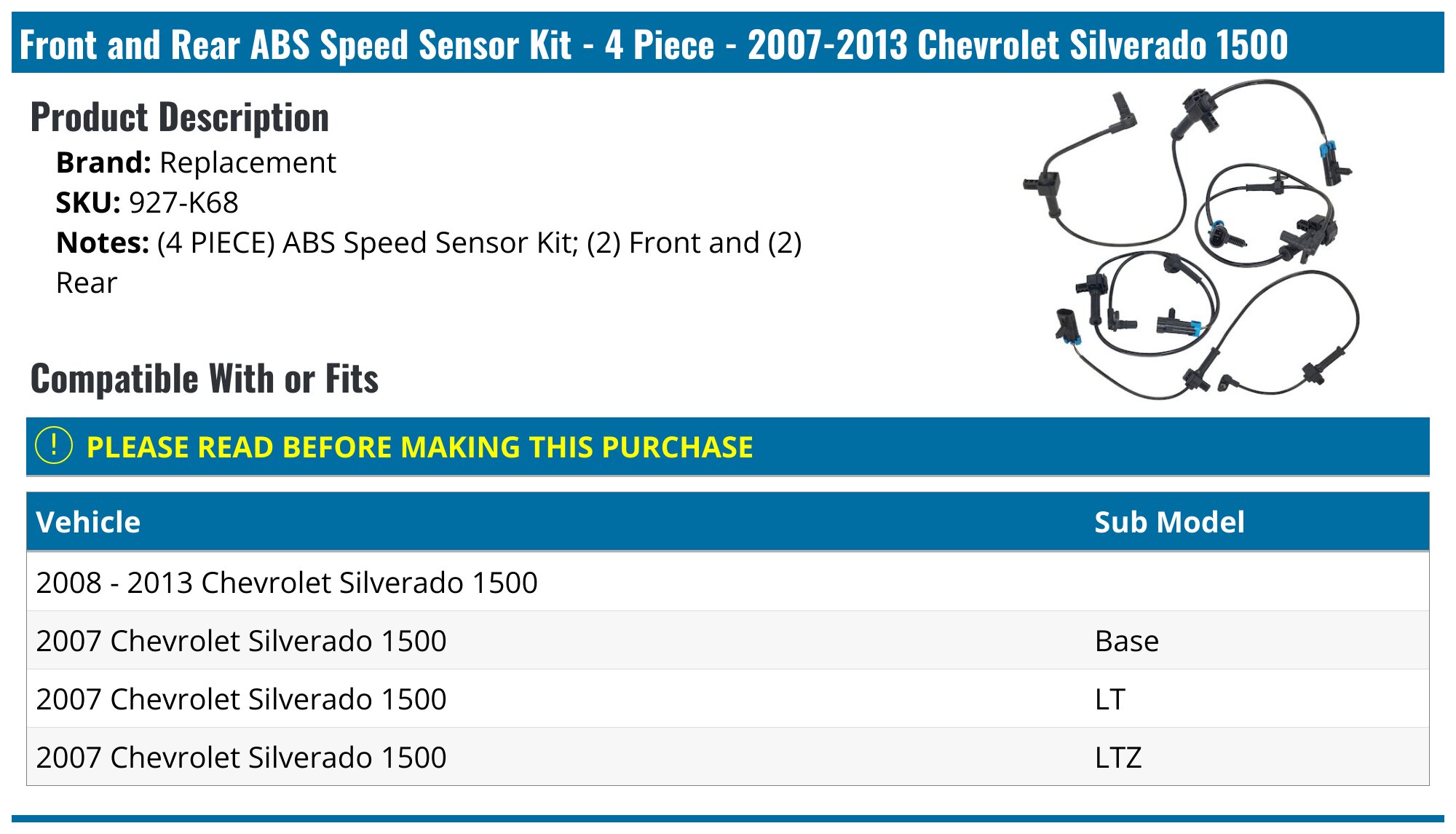 Front and Rear ABS Speed Sensor Kit - 4 Piece - 2007-2013 Chevrolet Silverado 1500 - Replacement 19009-02185846