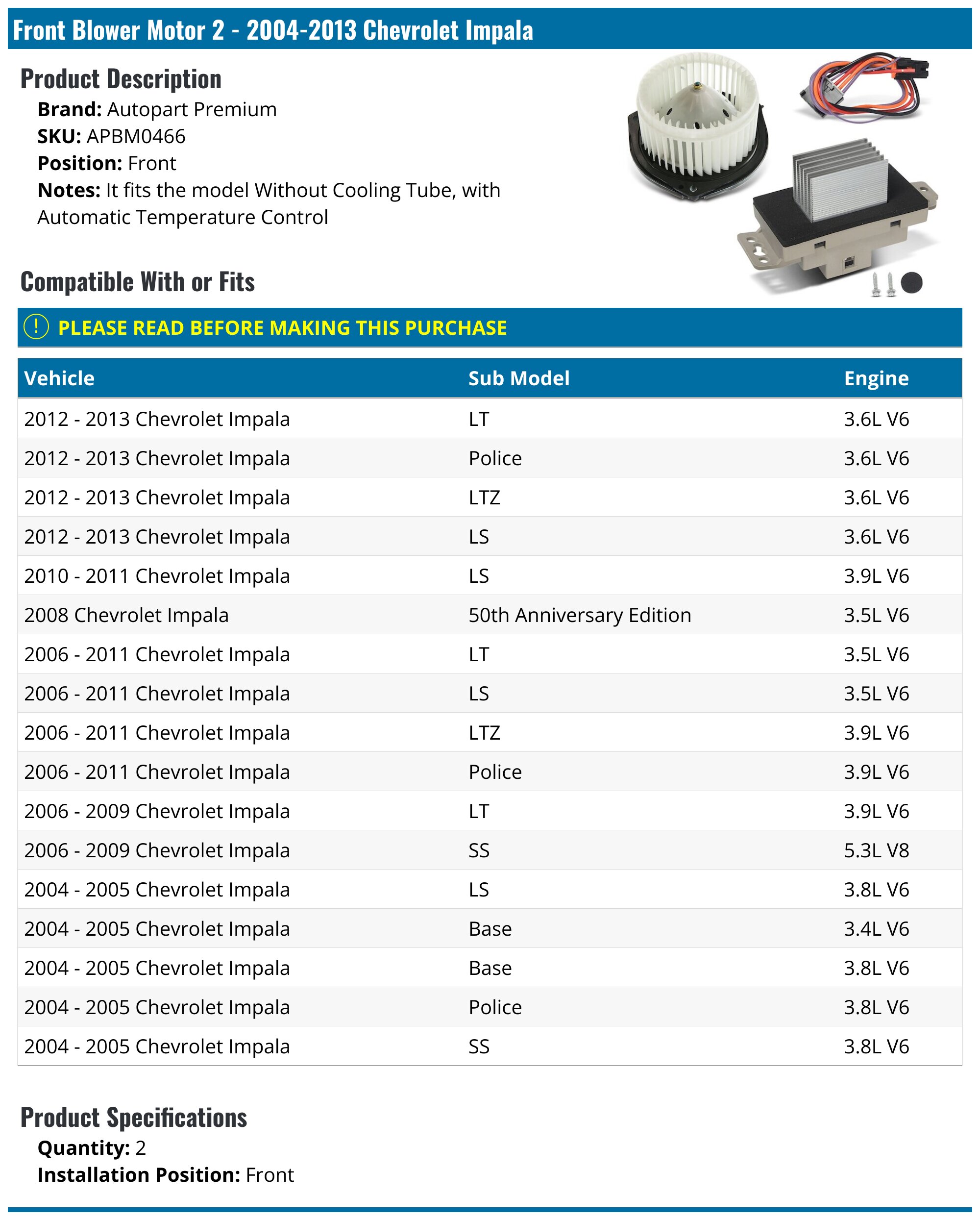 Front Blower Motor - 2004-2013 Chevrolet Impala - Autopart Premium 17832-02083802
