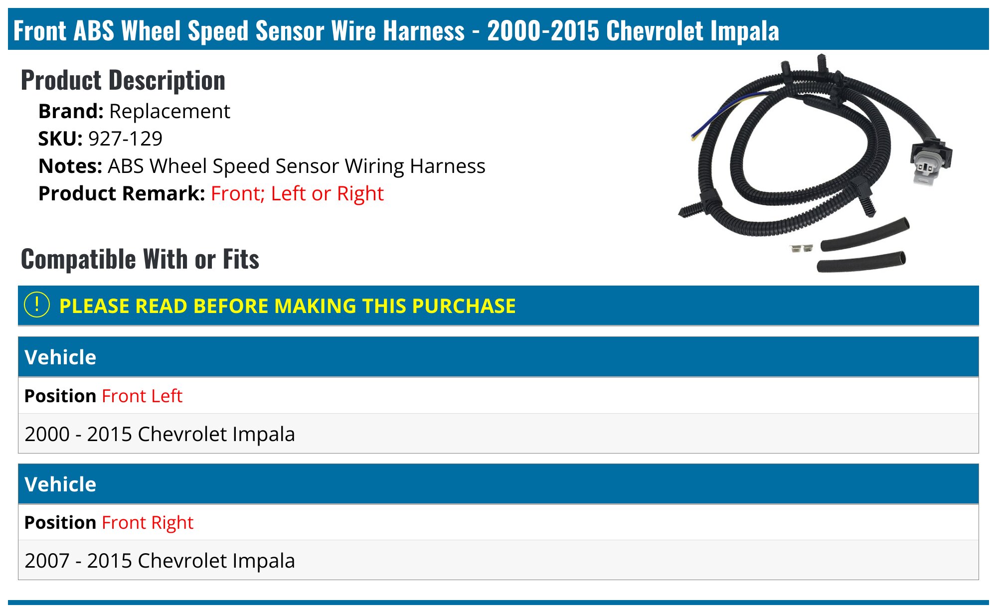 Front ABS Wheel Speed Sensor Wire Harness - 2000-2015 Chevrolet Impala - Replacement 3348-02605930