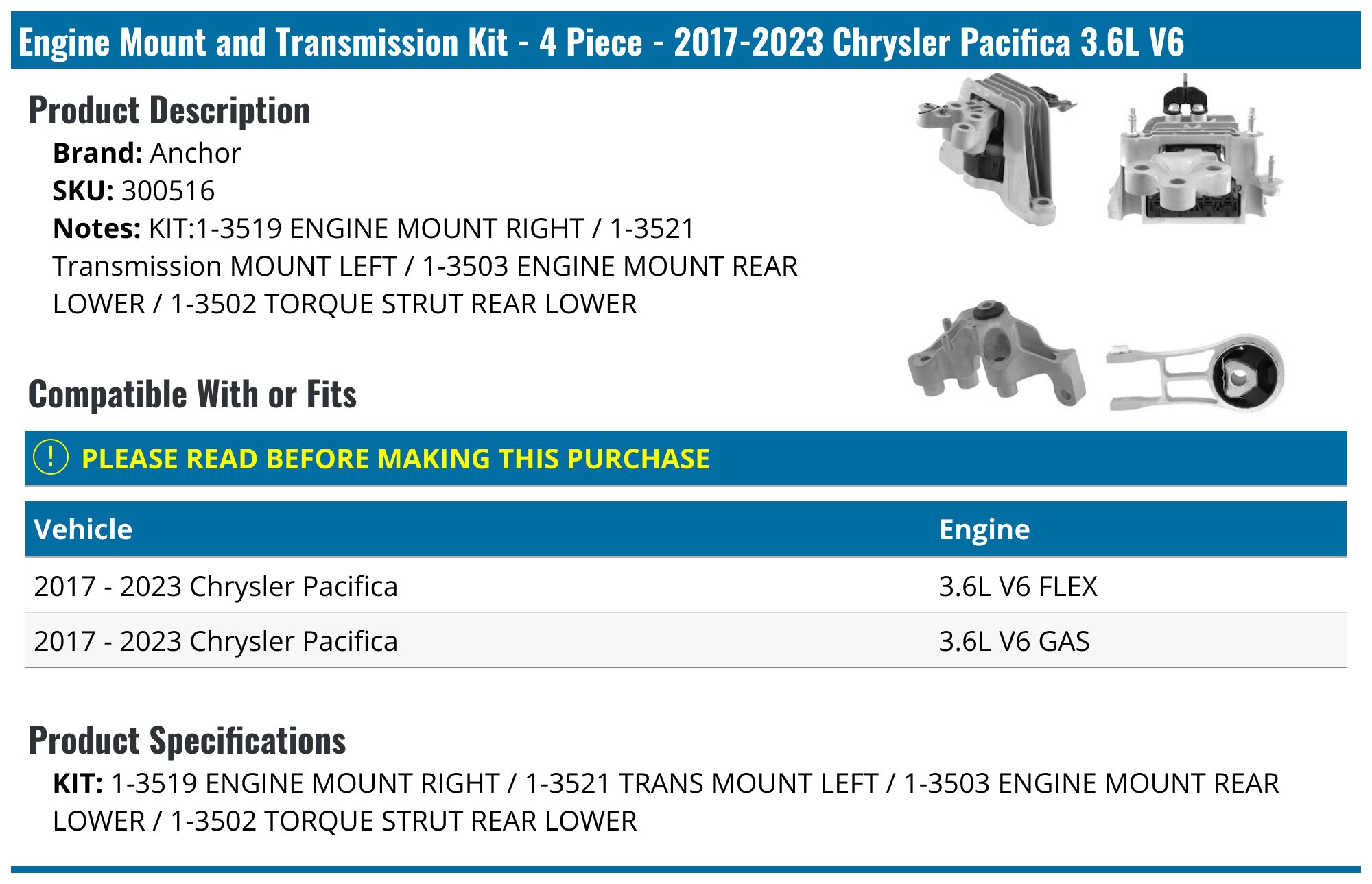 Engine Mount and Transmission Kit - 4 Piece - 2017-2024 Chrysler Pacifica 3.6L V6 - Anchor 138434-06184938