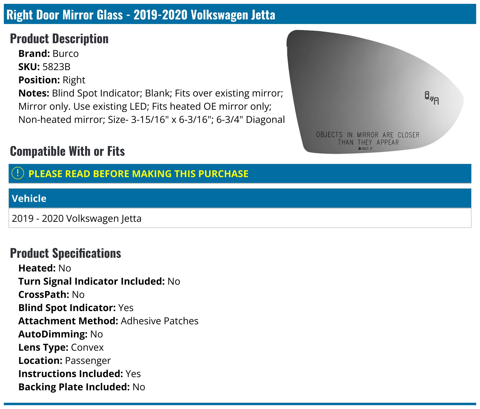 Right Door Mirror Glass - 2019-2025 Volkswagen Jetta - Burco 146557-02849298