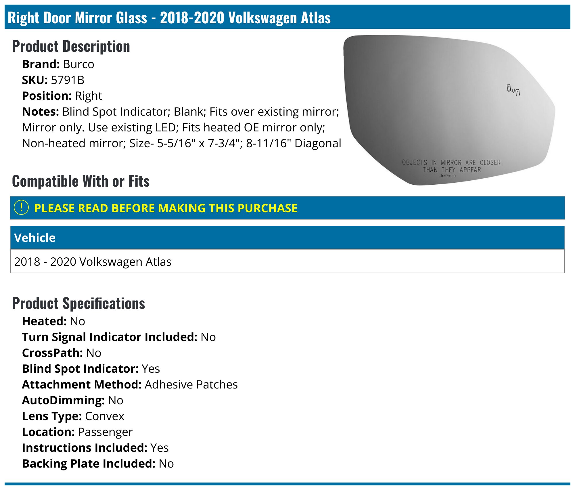 Right Door Mirror Glass - 2018-2025 Volkswagen Atlas - Burco 143586-02973164