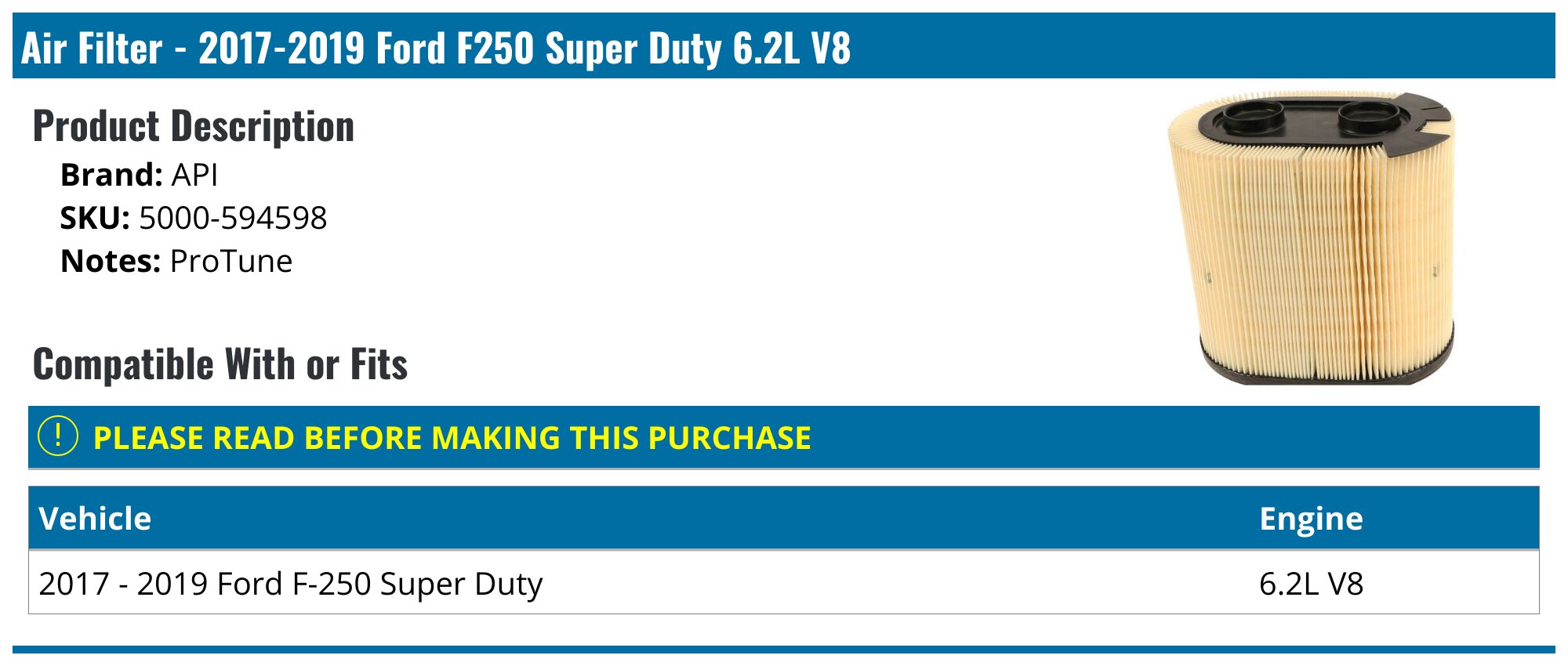 Air Filter - 2017-2019 Ford F250 Super Duty 6.2L V8 - API 140806-07745454
