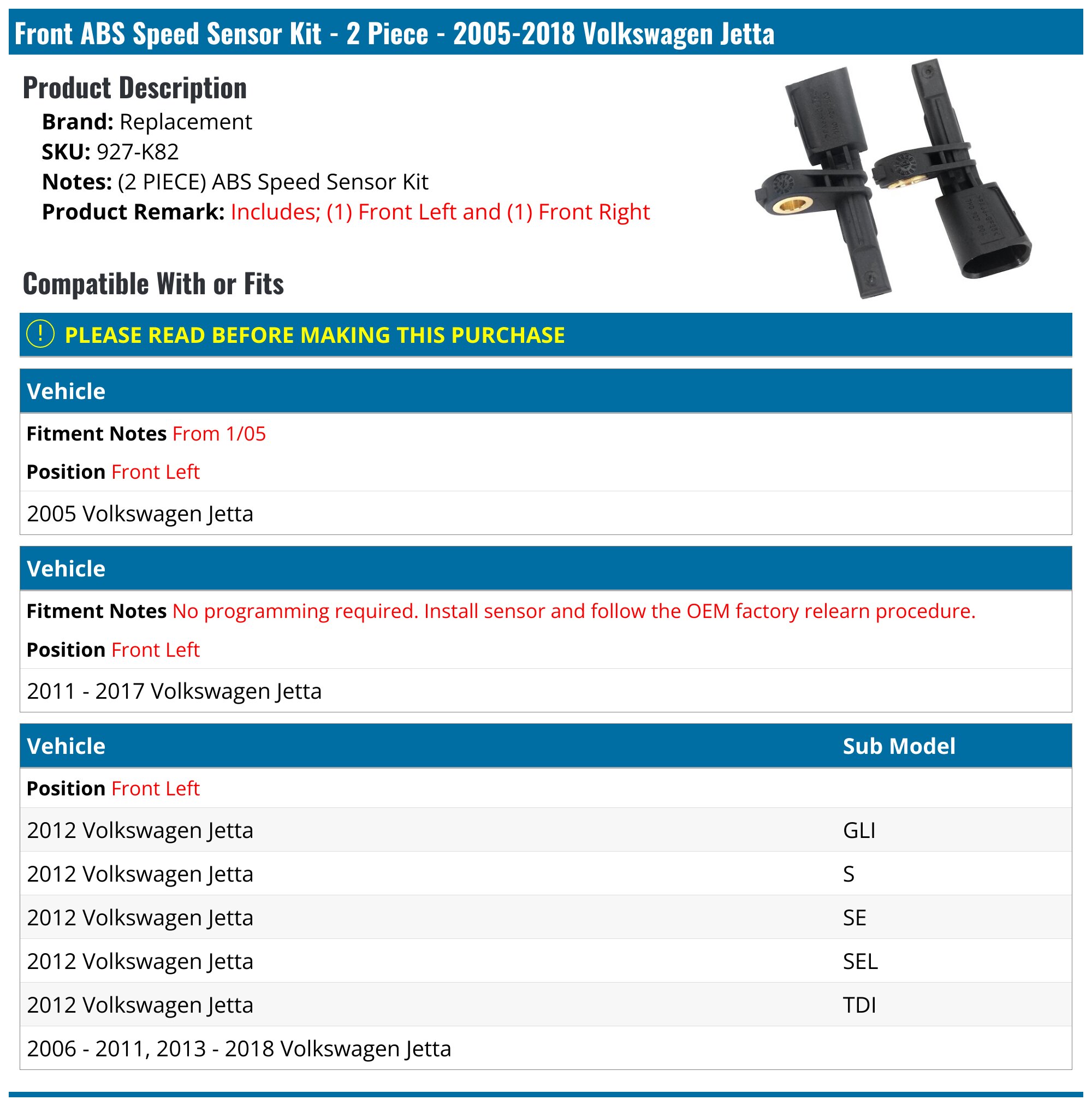 Front ABS Speed Sensor Kit - 2 Piece - 2005-2018 Volkswagen Jetta - Replacement 18277-02848093