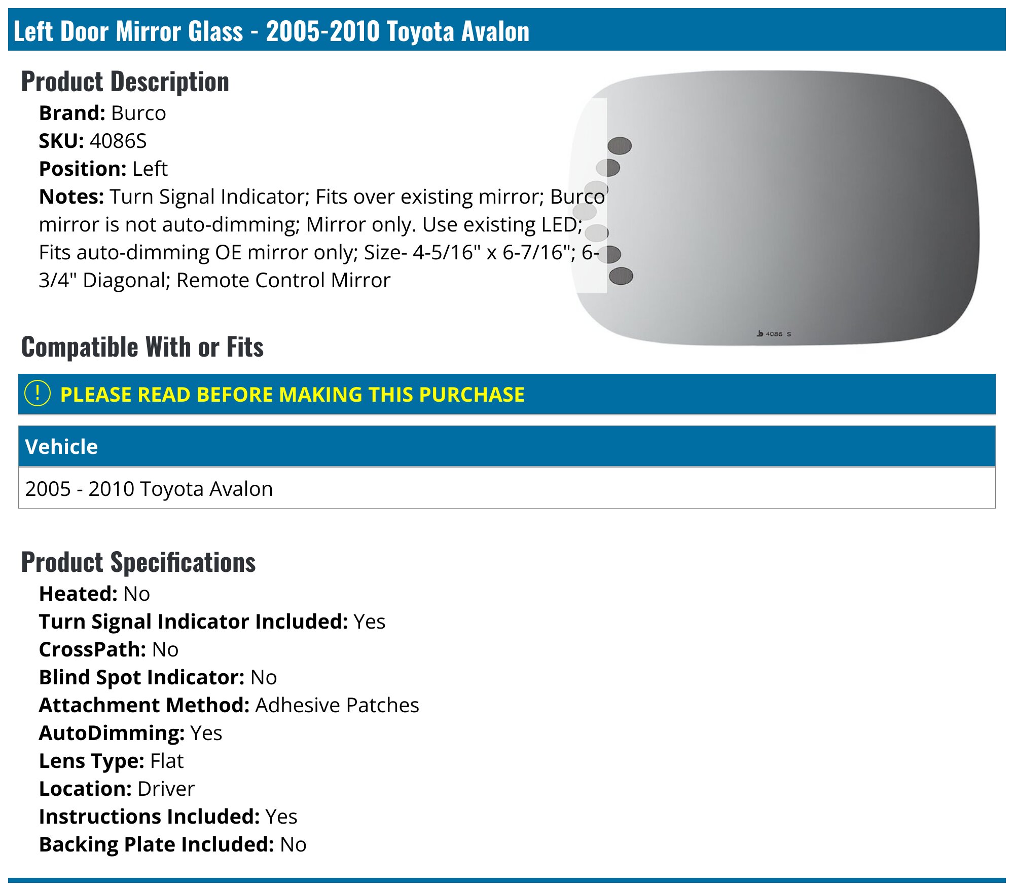 Left Door Mirror Glass - 2005-2010 Toyota Avalon - Burco 18431-03489722