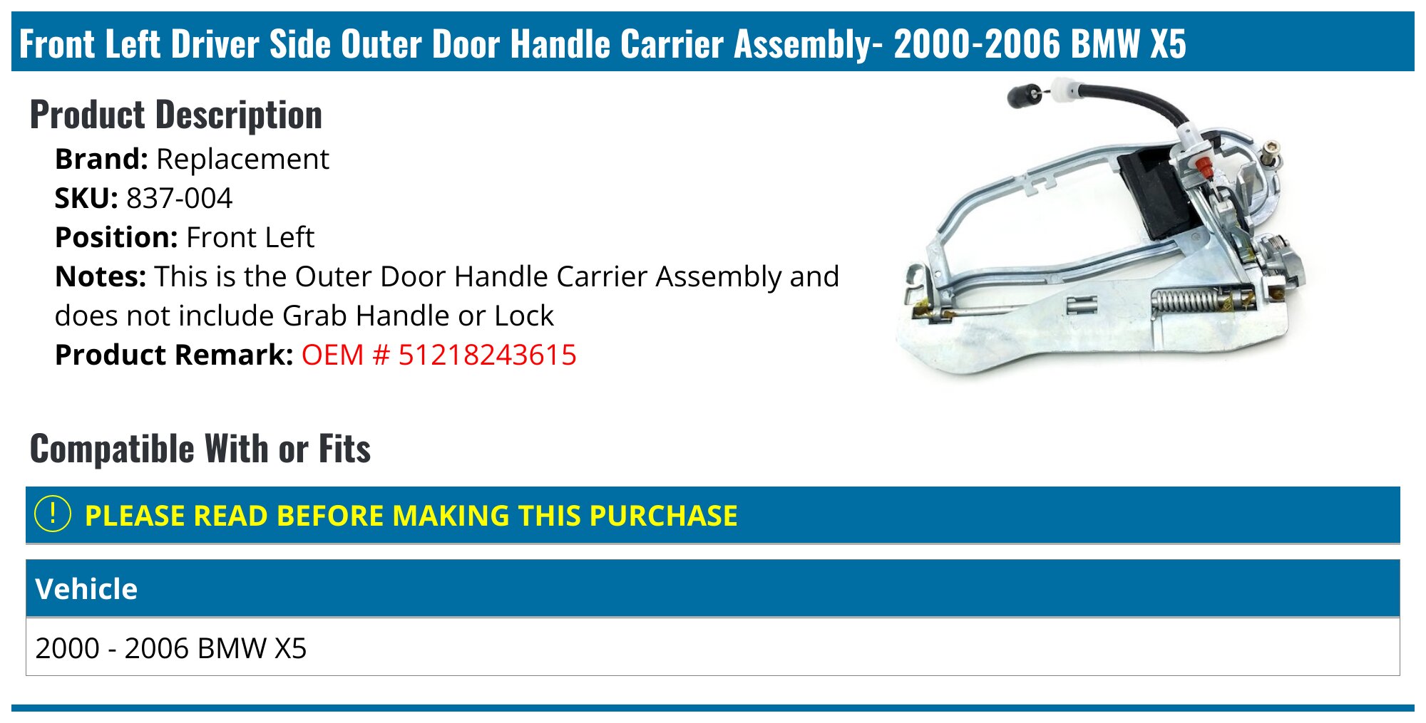 Front Left Driver Side Outer Door Handle Carrier Assembly- 2000-2006 BMW X5 - Replacement 1185-02717373