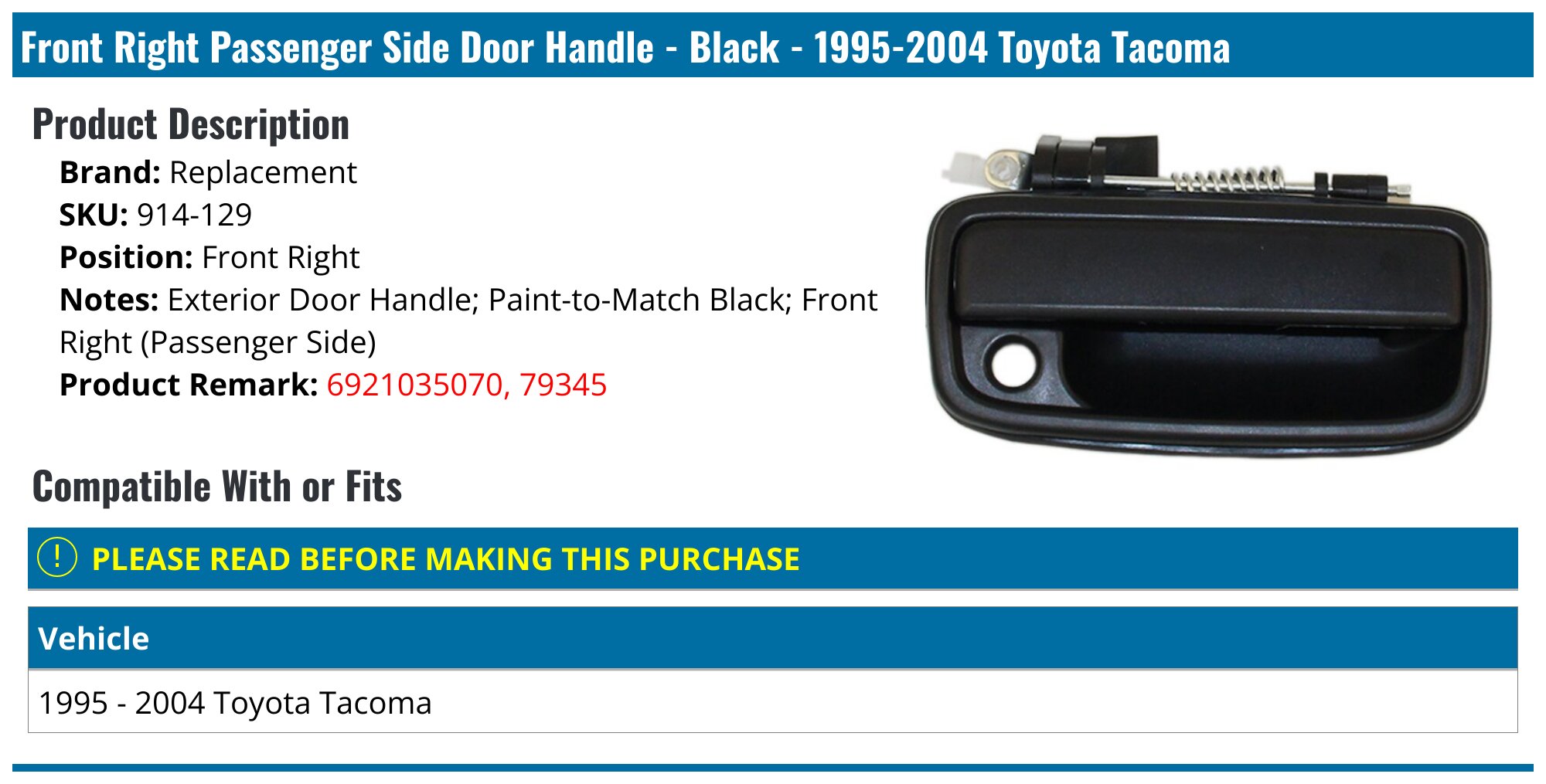Front Right Passenger Side Door Handle - Black - 1995-2004 Toyota Tacoma - Replacement 8215-02799710