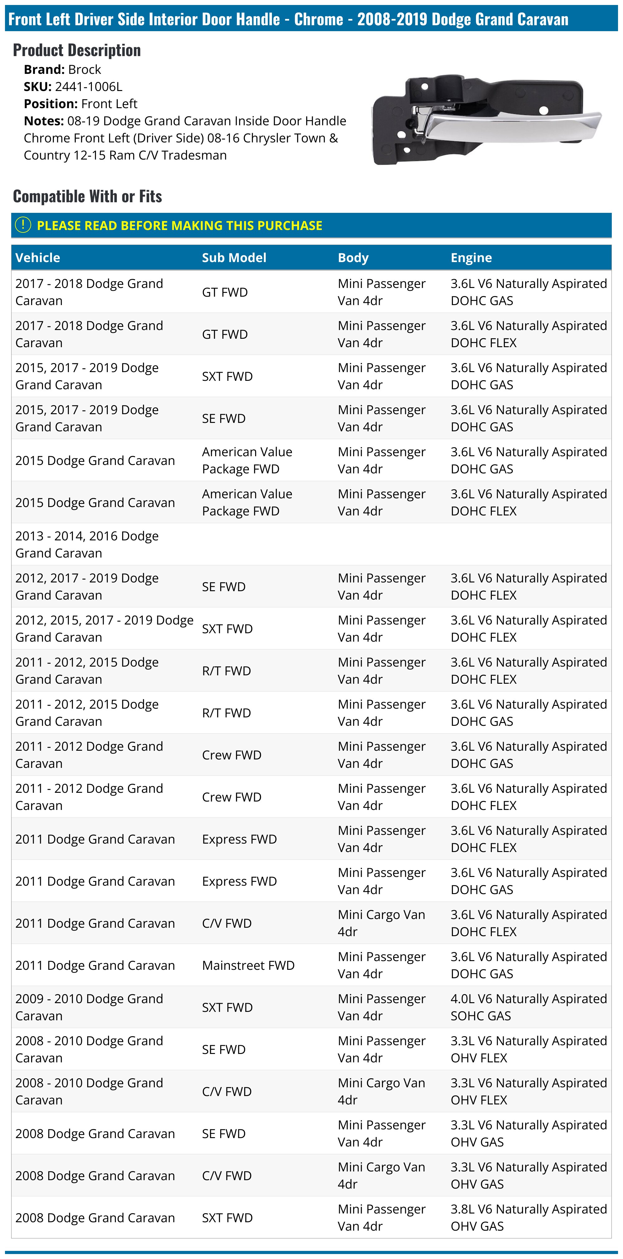 Front Left Driver Side Interior Door Handle - Chrome - 2008-2019 Dodge Grand Caravan - Brock 28820-07395879