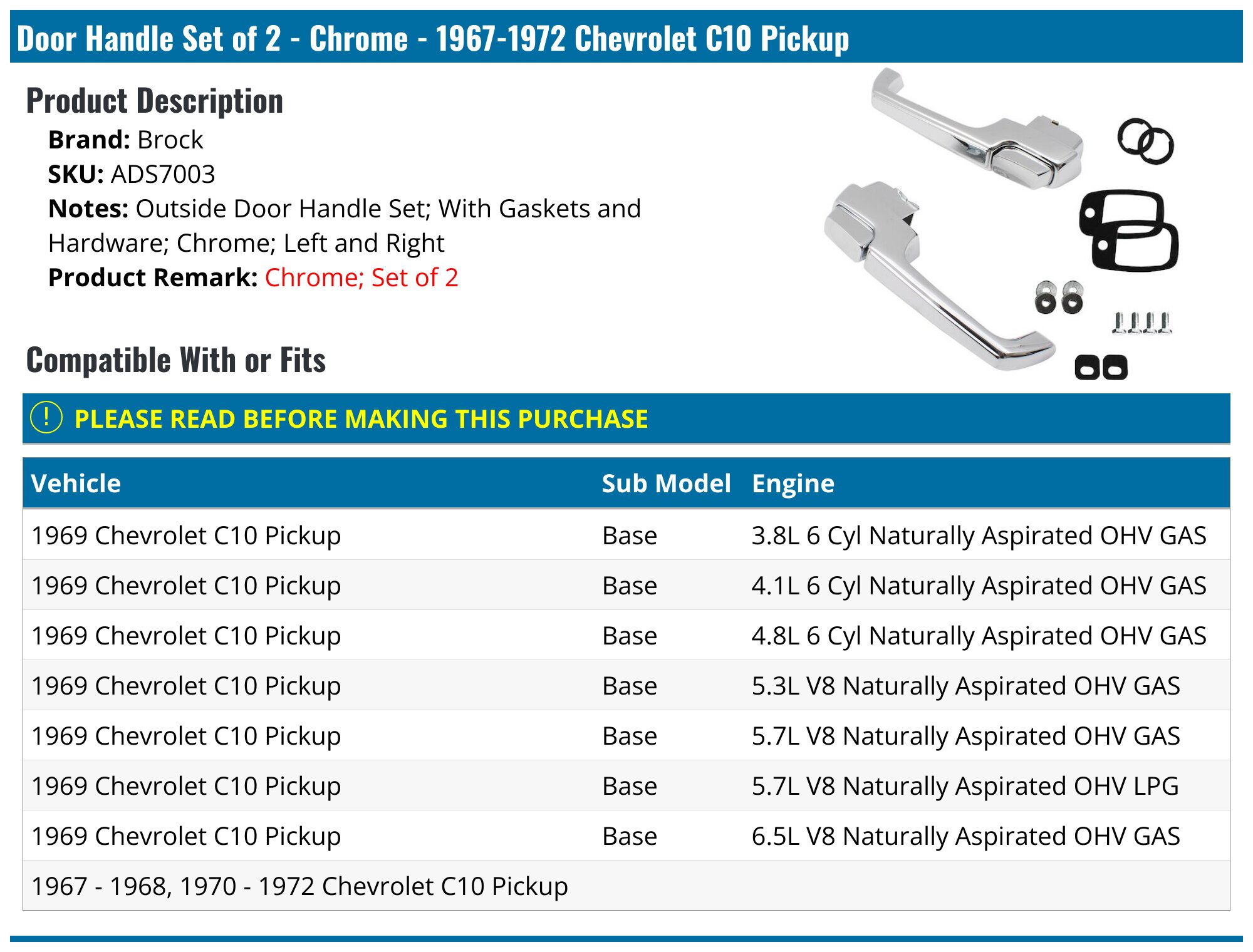 Door Handle Set of 2 - Chrome - 1967-1972 Chevrolet C10 Pickup - Brock 13970-07663082
