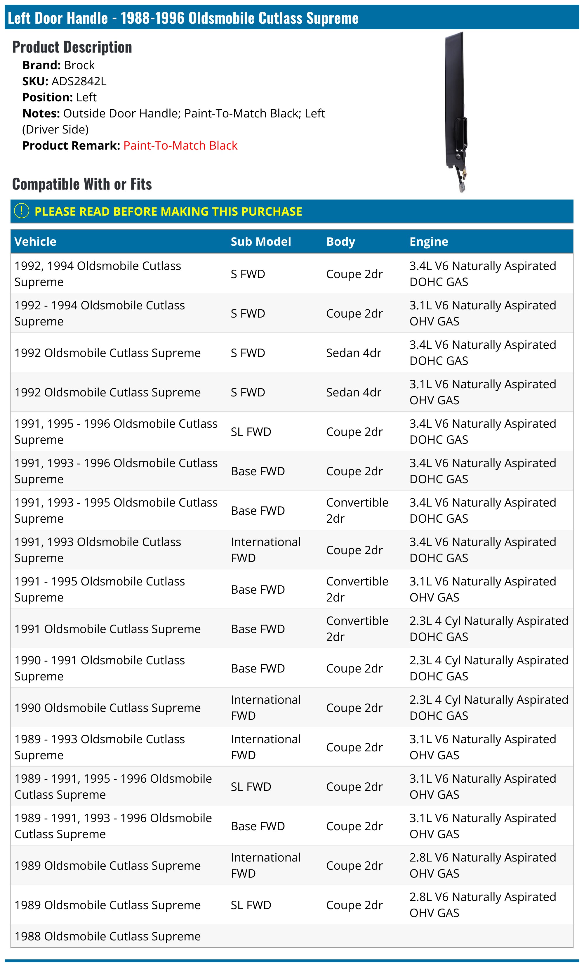 Left Door Handle - 1988-1996 Oldsmobile Cutlass Supreme - Brock 4486-07398276