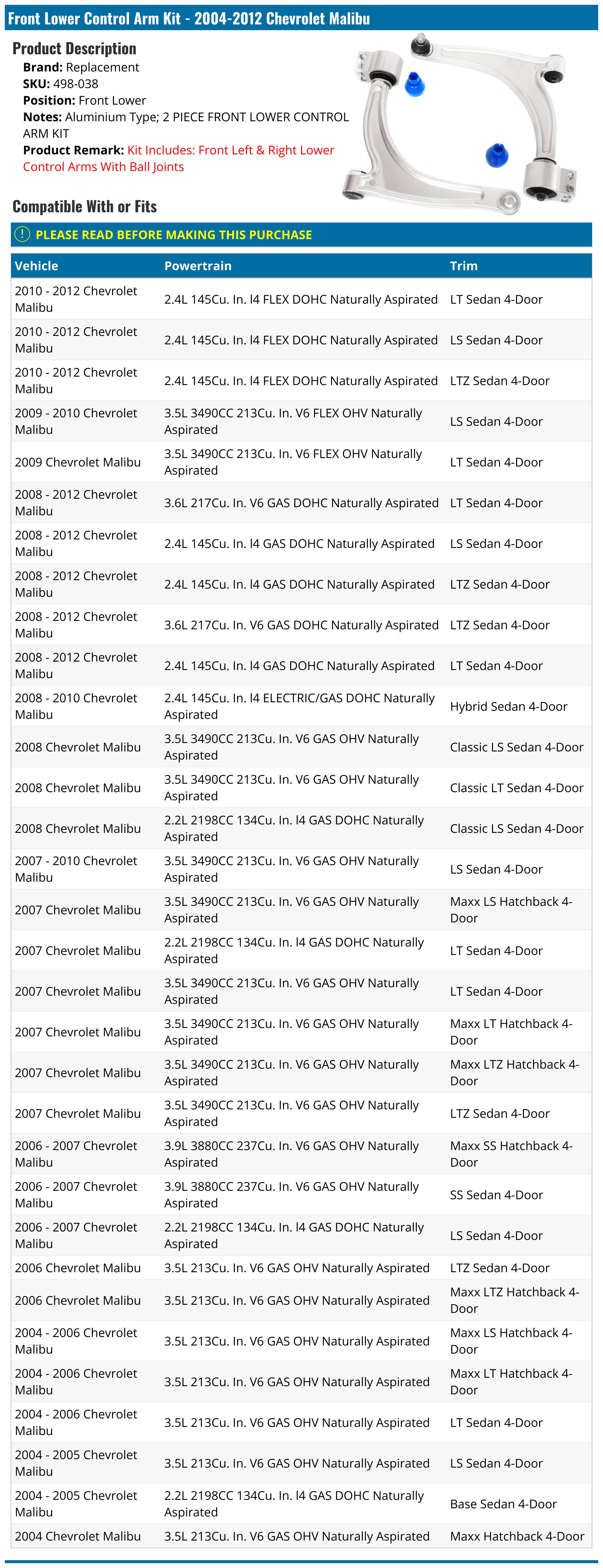 Front Lower Control Arm Kit - 2004-2012 Chevrolet Malibu - Replacement 17833-02193063