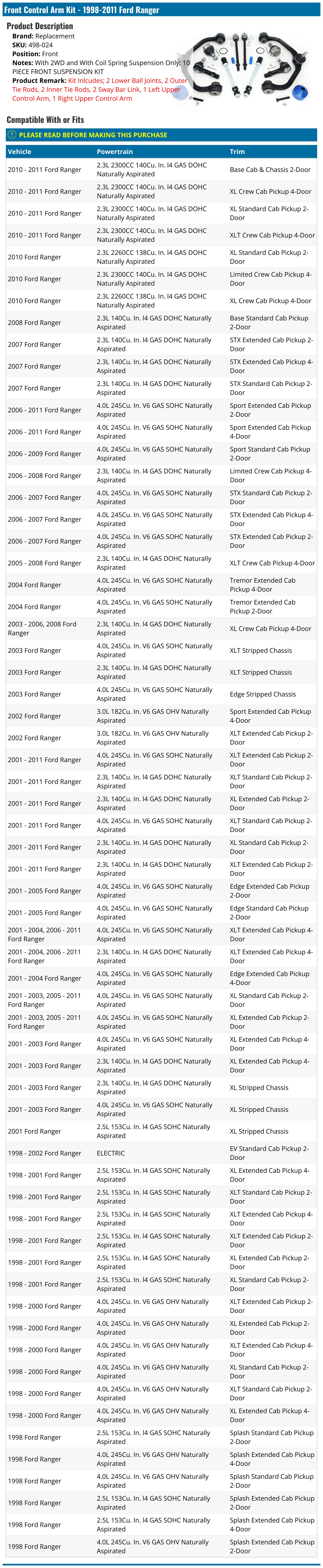 Front Control Arm Kit - 1998-2011 Ford Ranger - Replacement 5529-02464437