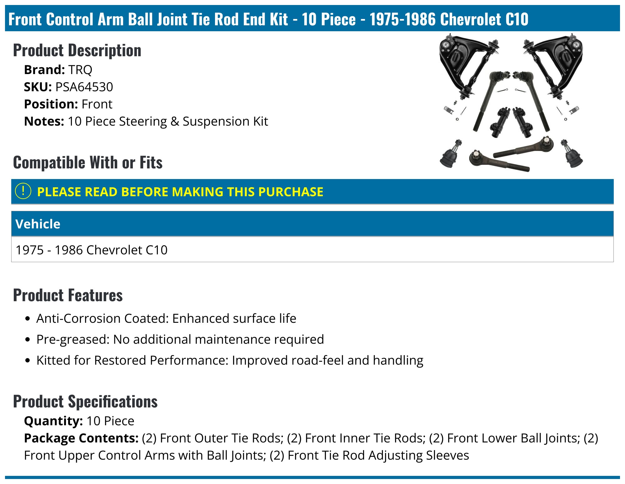 Front Control Arm Ball Joint Tie Rod End Kit - 10 Piece - 1975-1986 Chevrolet C10 - TRQ 2977-07985638