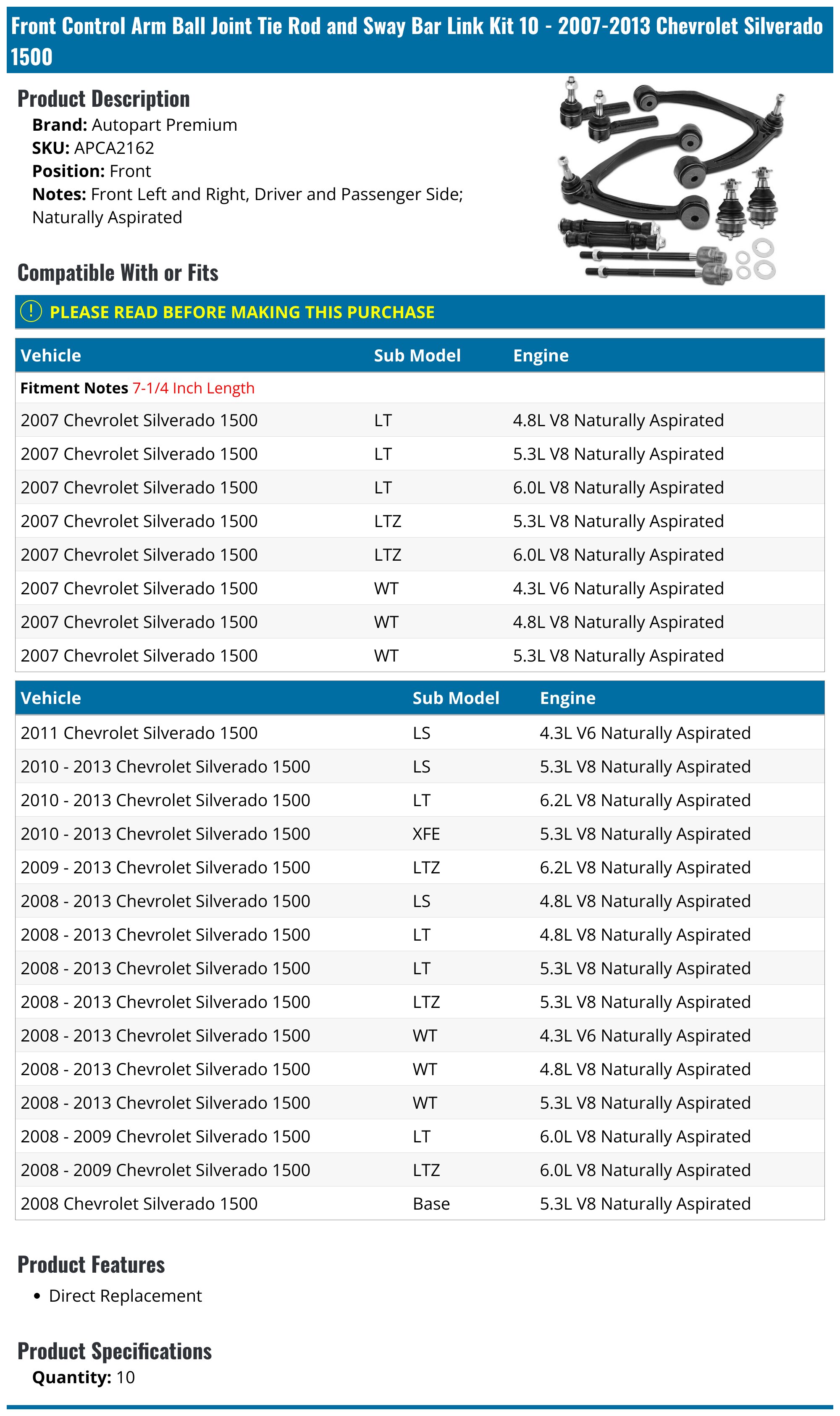 Front Control Arm Kit - 2007-2013 Chevrolet Silverado 1500 - Autopart Premium 19009-02656221