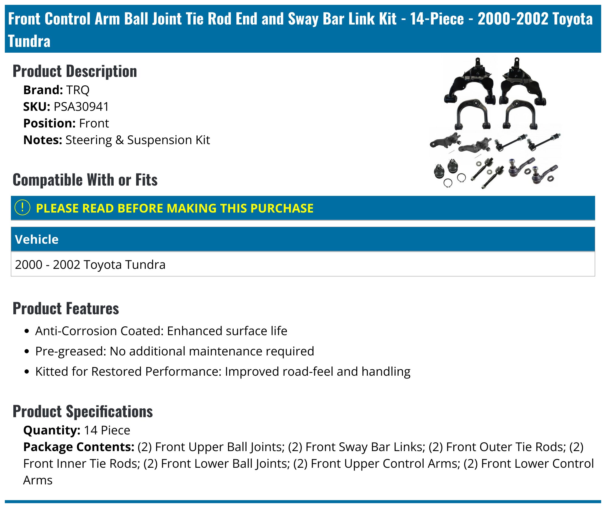 Front Control Arm Ball Joint Tie Rod End and Sway Bar Link Kit - 14-Piece - 2000-2002 Toyota Tundra - TRQ 8199-02157944