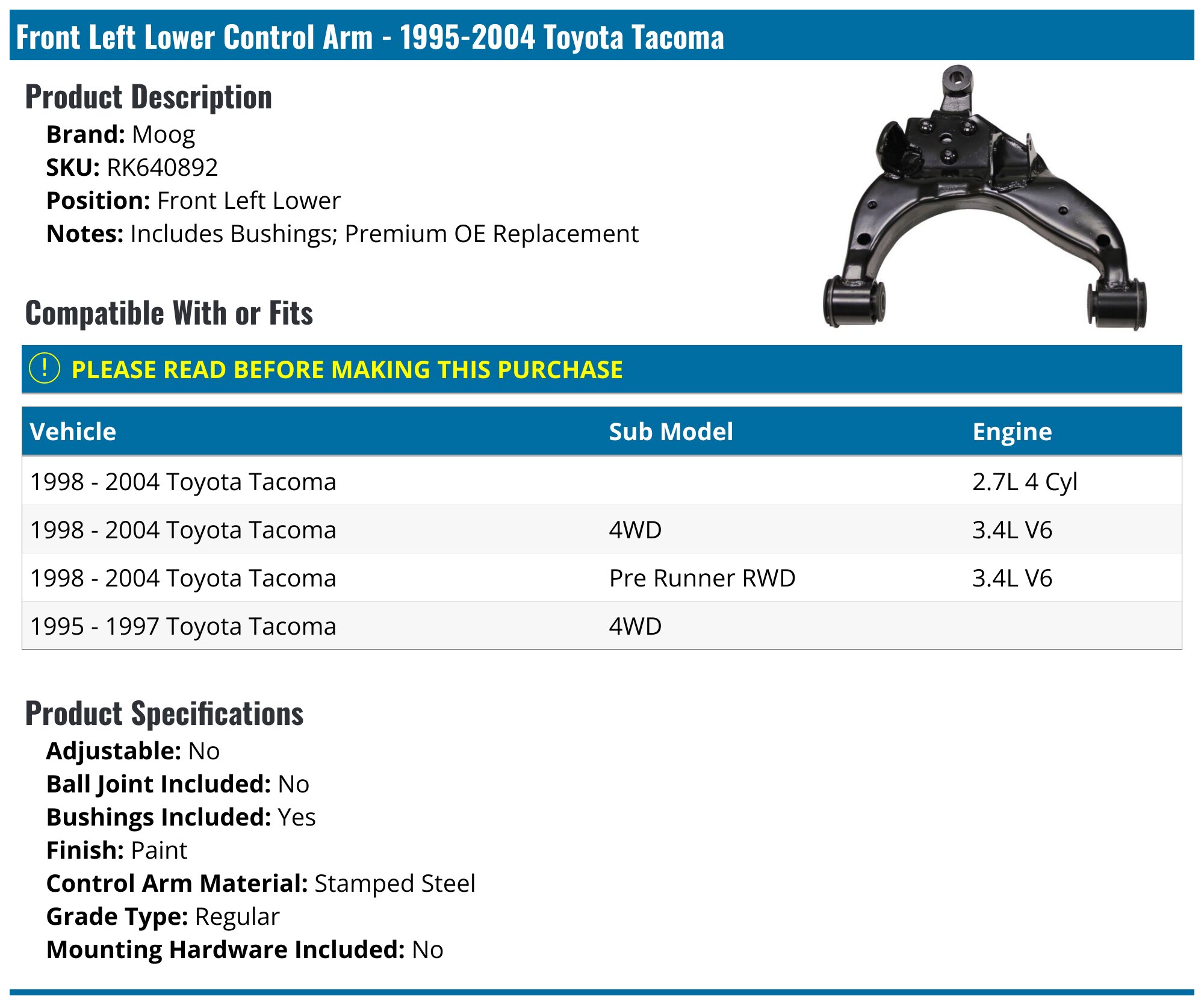 Front Left Lower Control Arm - 1995-2004 Toyota Tacoma - Moog 8215-02685336
