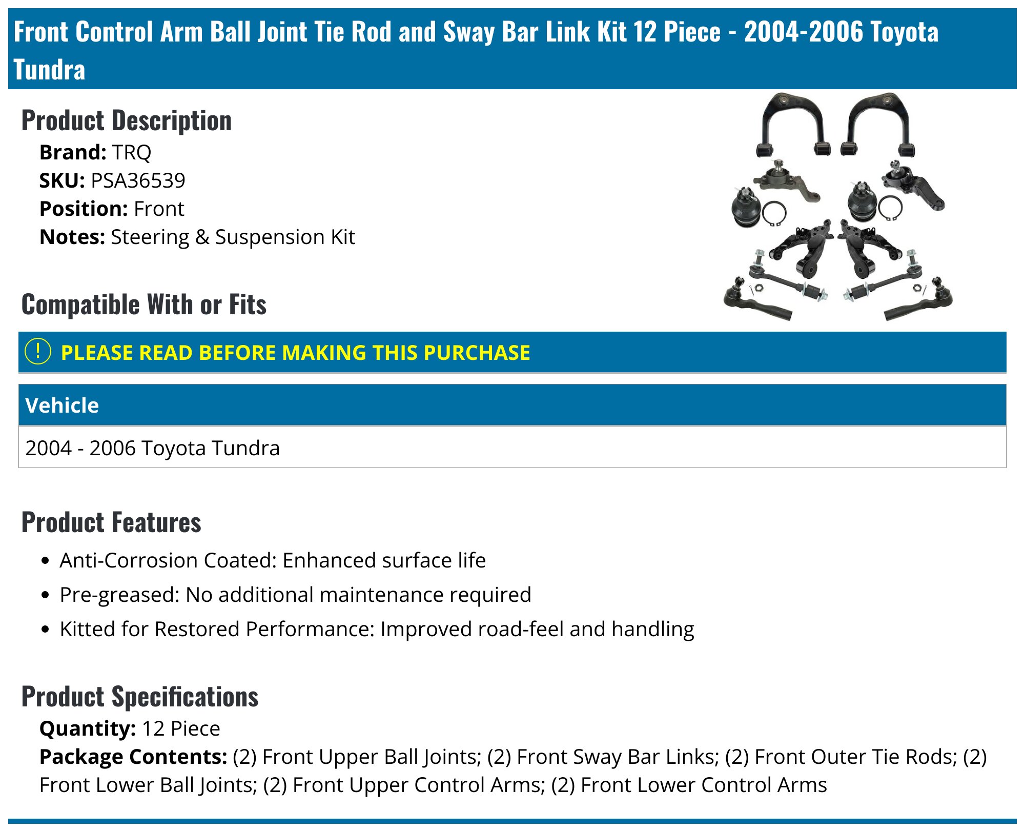 Front Control Arm Ball Joint Tie Rod End and Sway Bar Link Kit - 12-Piece - 2004-2006 Toyota Tundra - TRQ 18027-02312032
