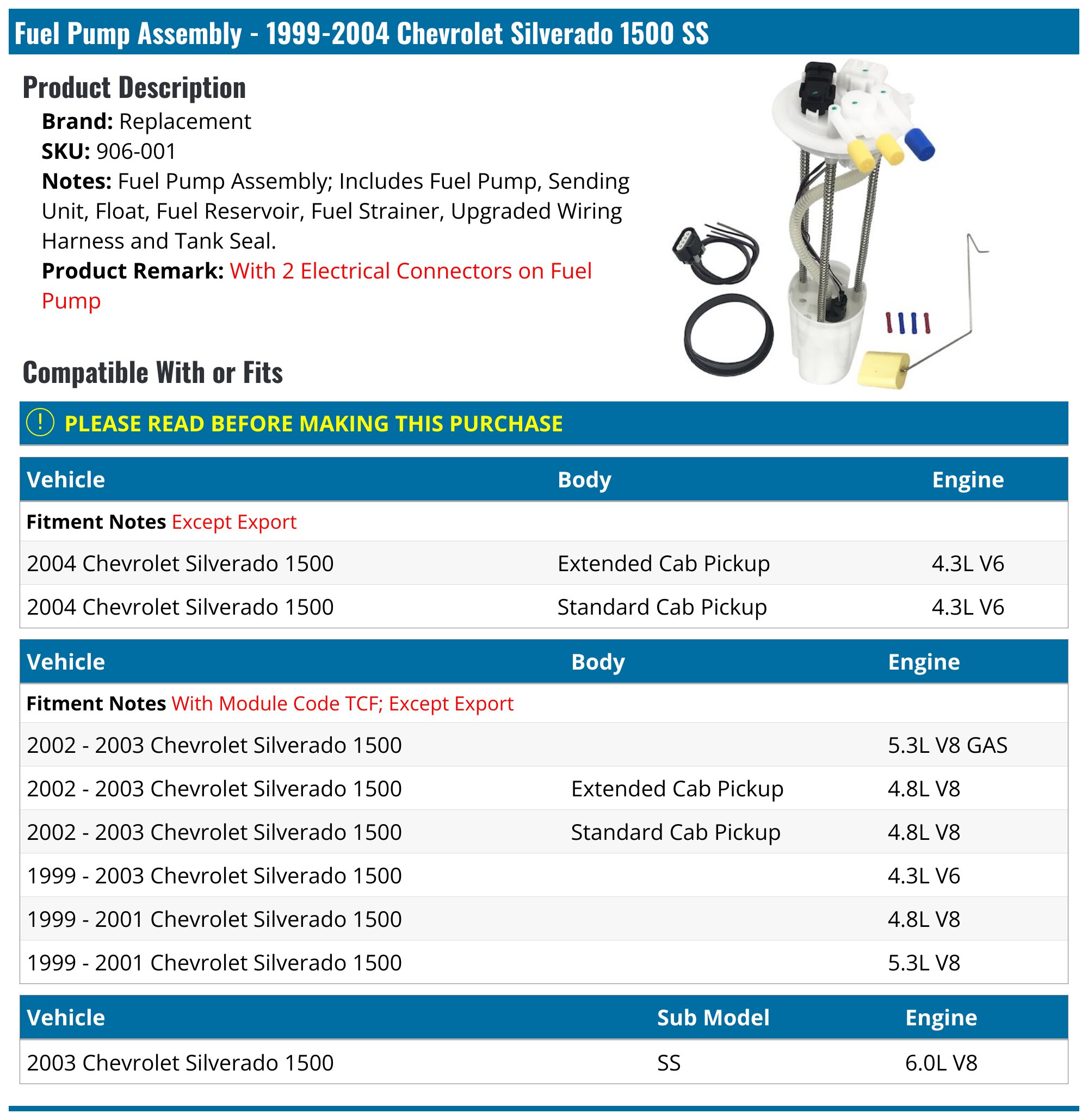 Fuel Pump Assembly - 1999-2004 Chevrolet Silverado 1500 SS - Replacement 3691-02283499