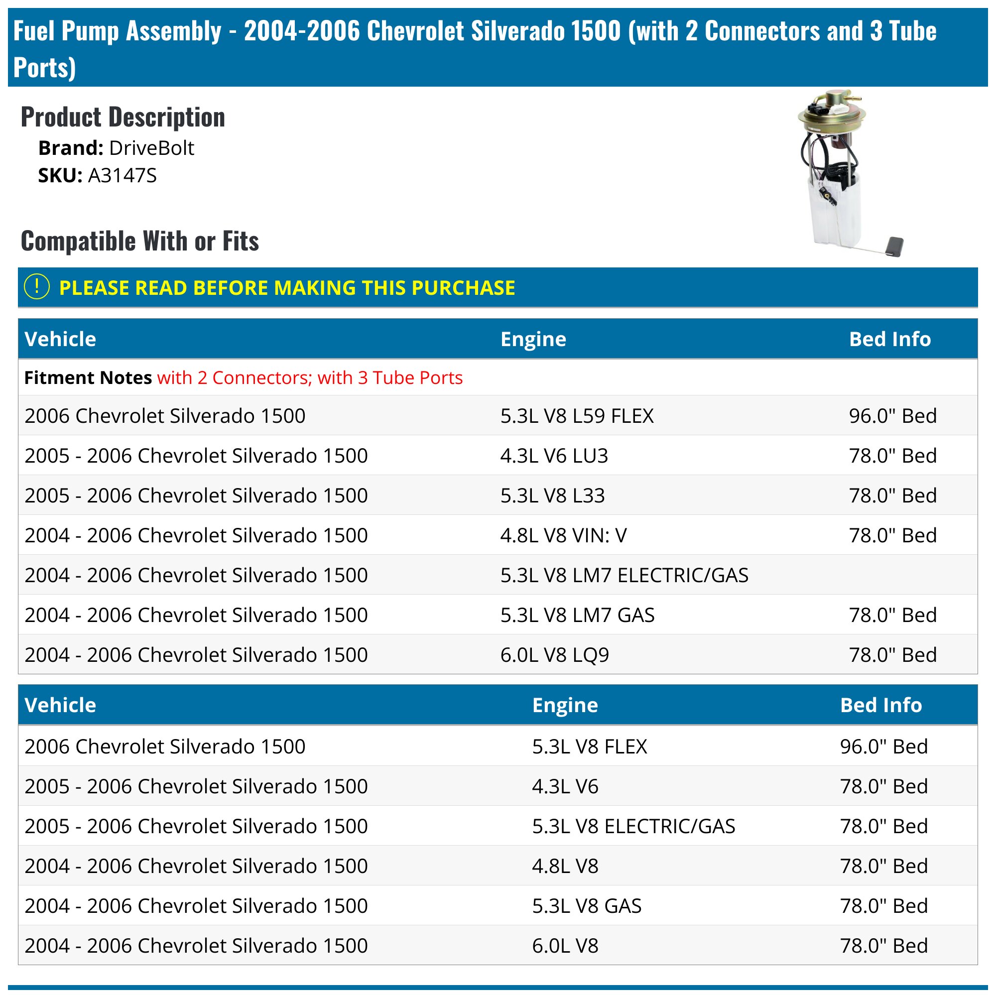 Fuel Pump Assembly - 2004-2006 Chevrolet Silverado 1500 (with 2 Connectors and 3 Tube Ports) - DriveBolt 17836-03180043