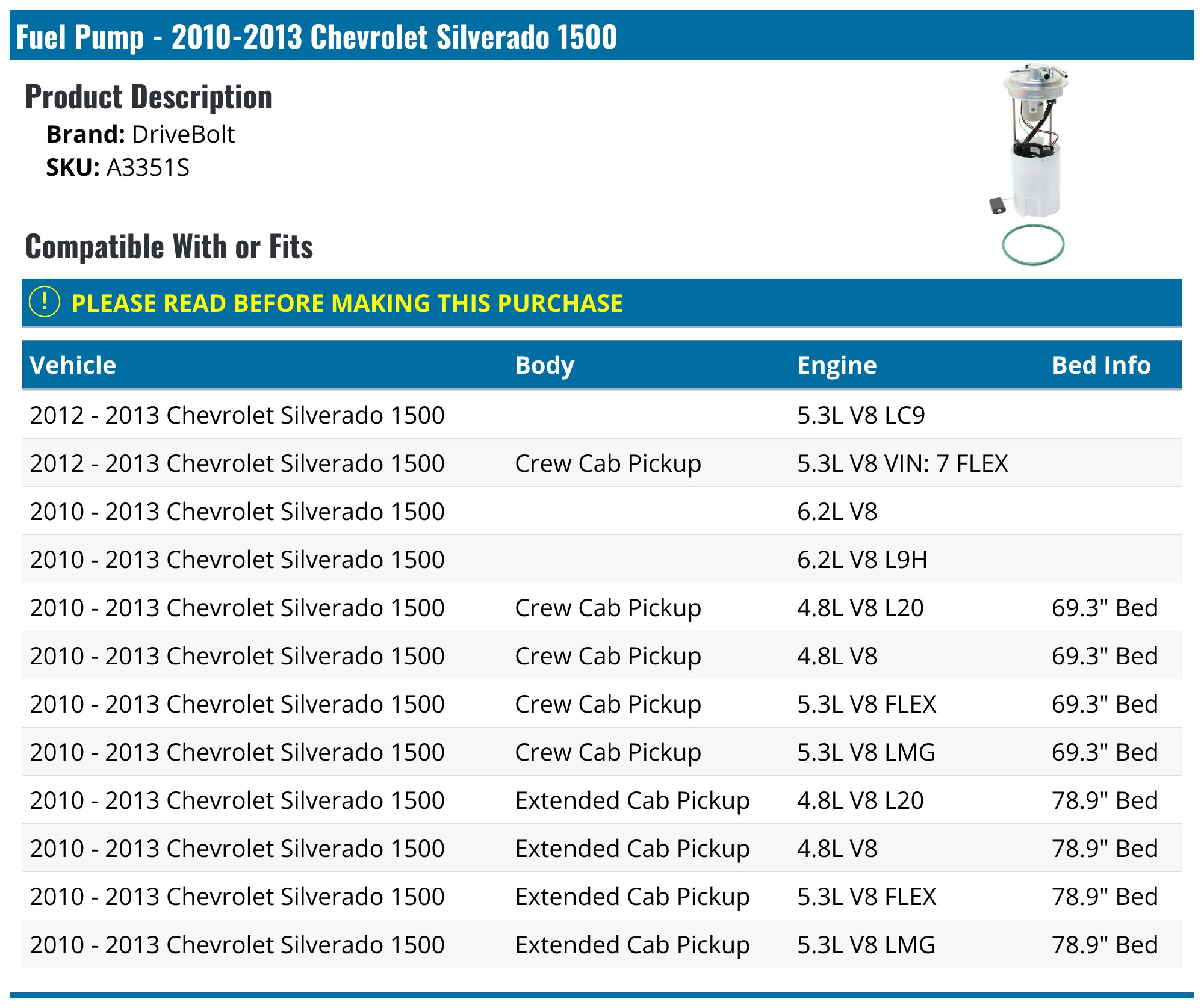 Fuel Pump - 2010-2013 Chevrolet Silverado 1500 - DriveBolt 96055-03680675