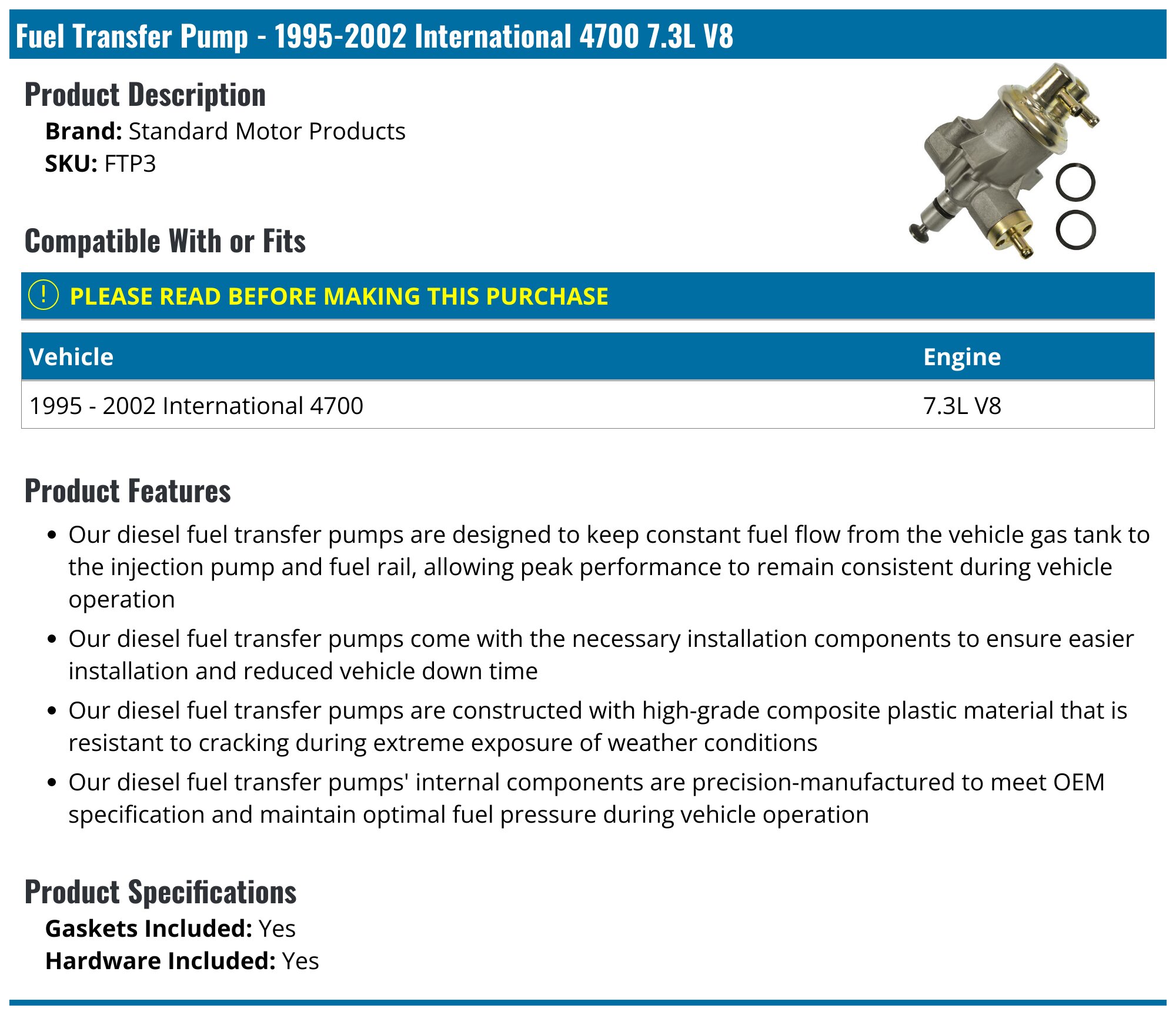 Fuel Transfer Pump - 1995-2002 International 4700 7.3L V8 - Standard Motor Products 123743-05579973