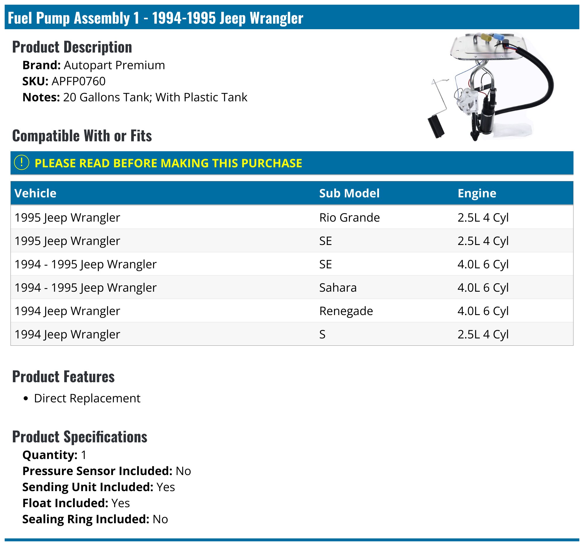 Fuel Pump Assembly - 1991-1995 Jeep Wrangler Sport Utility - Autopart Premium 2318-02709061