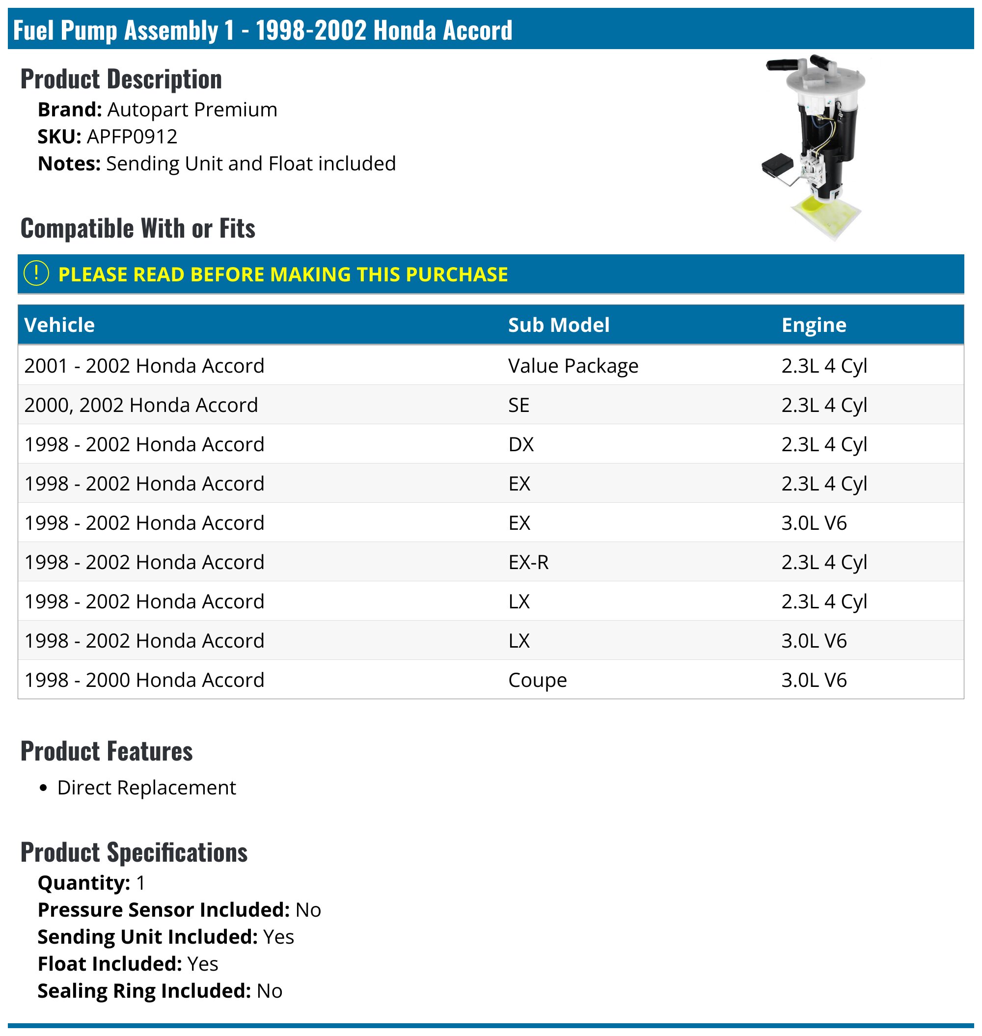 Fuel Pump Assembly - 1998-2002 Honda Accord - Autopart Premium 5981-02621493