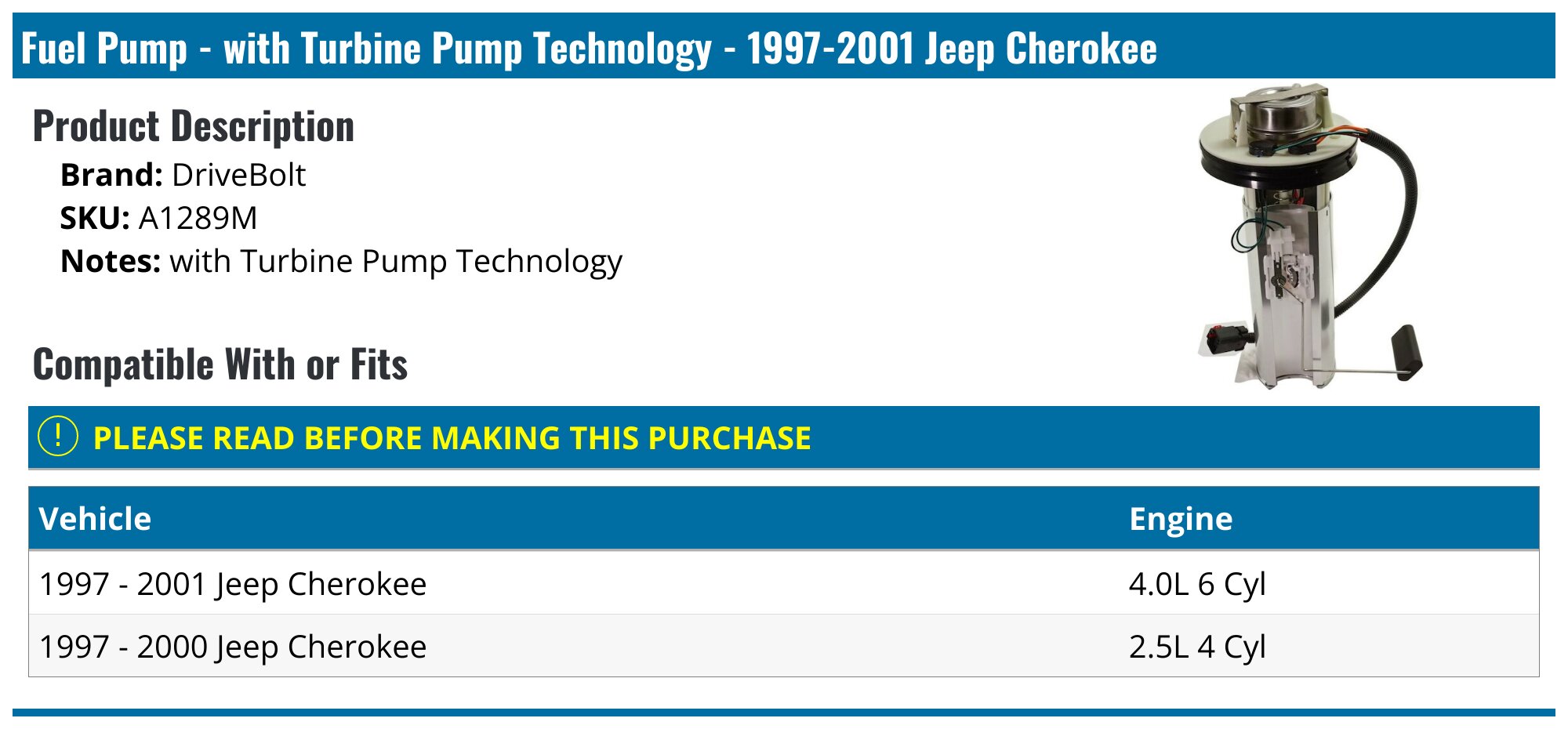 Fuel Pump - with Turbine Pump Technology - 1997-2001 Jeep Cherokee - DriveBolt 2236-02227547