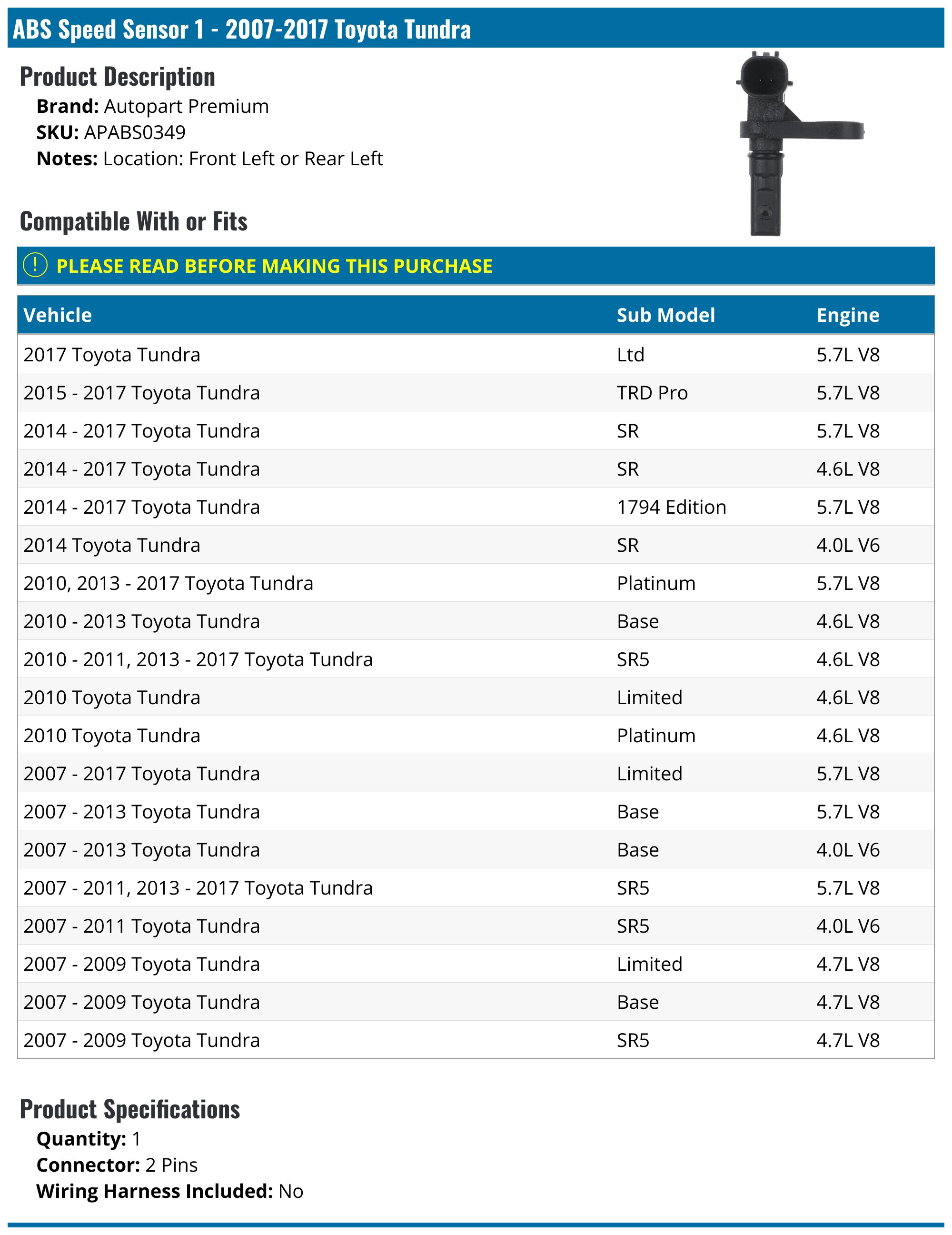 ABS Speed Sensor - 2007-2017 Toyota Tundra - Autopart Premium 26814-02340814