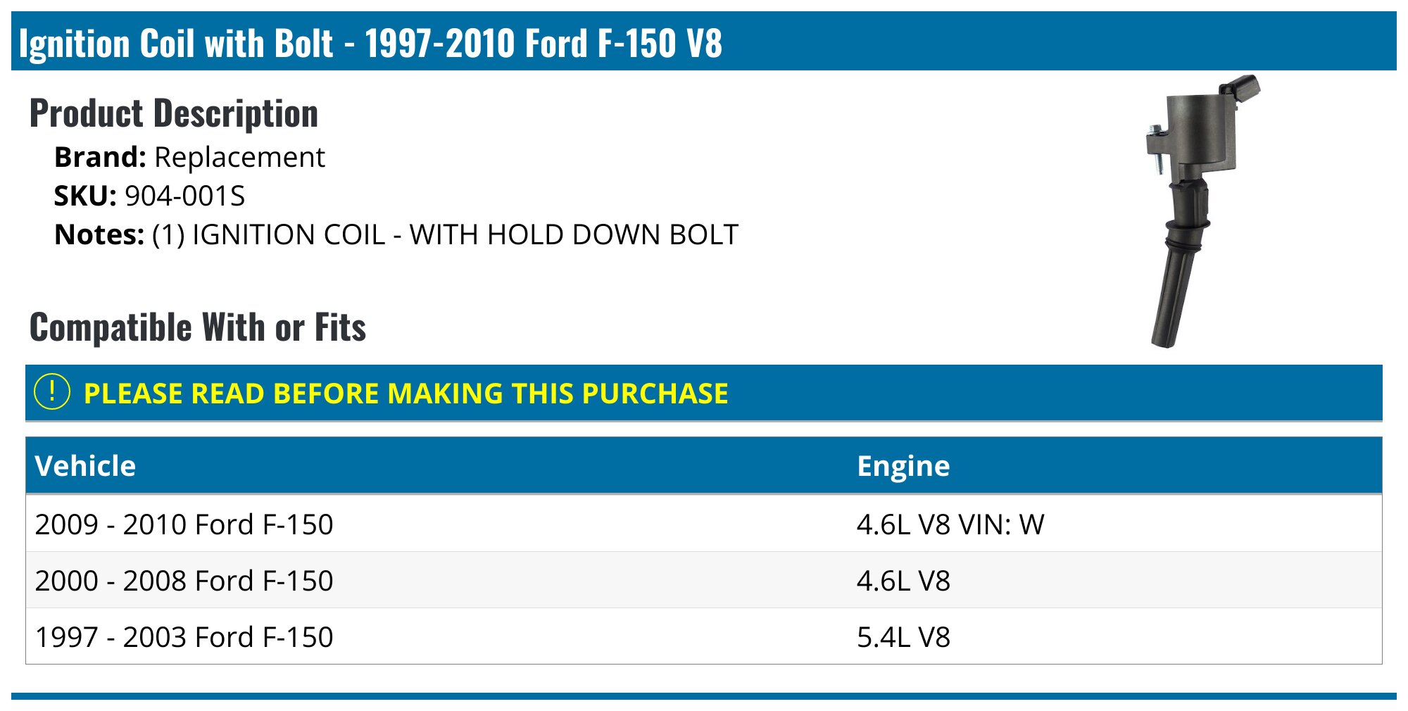 Ignition Coil with Bolt - 1997-2010 Ford F-150 V8 - Replacement 5290-02460557