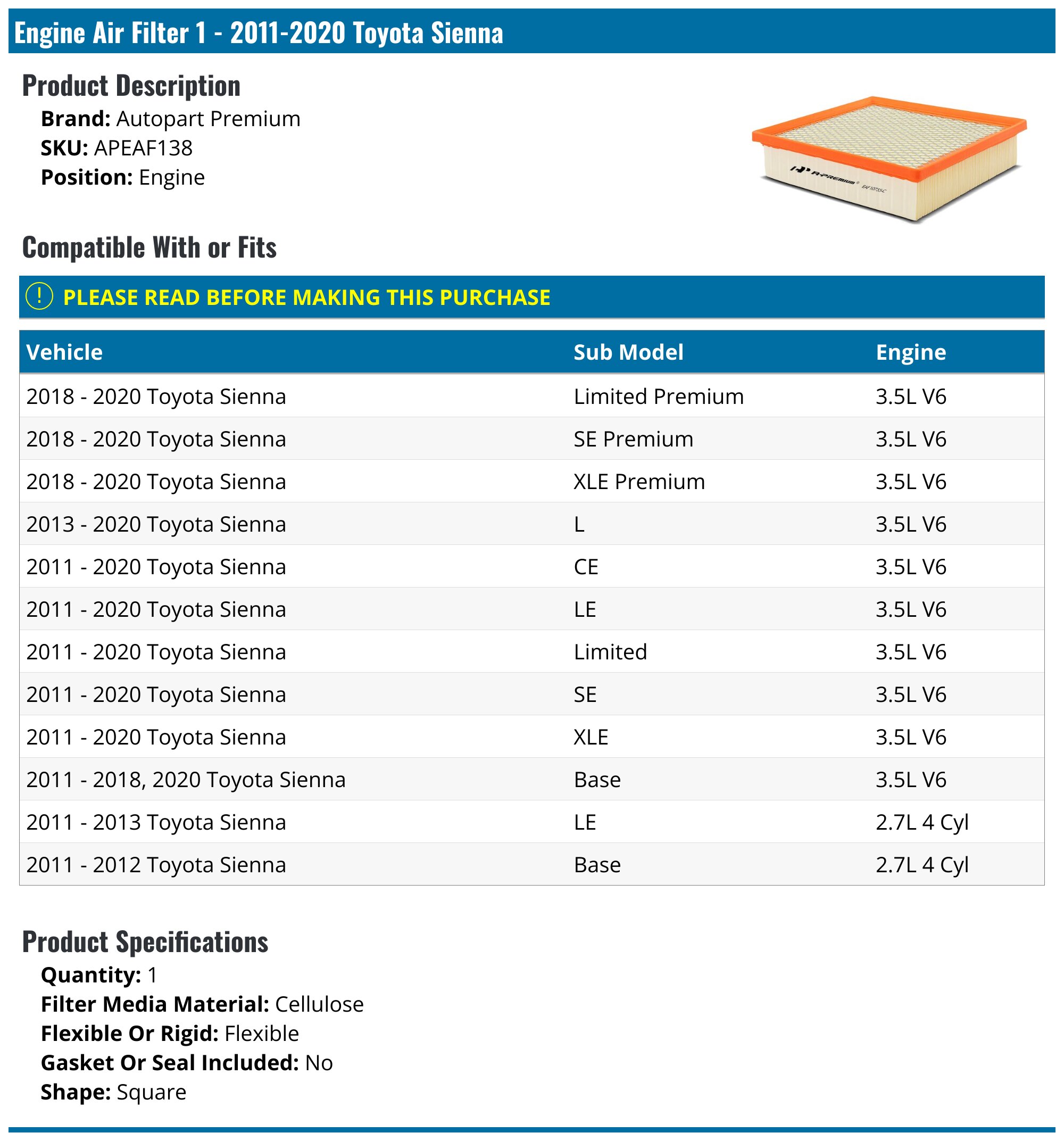 Engine Air Filter - 2011-2020 Toyota Sienna - Autopart Premium 96141-02005040