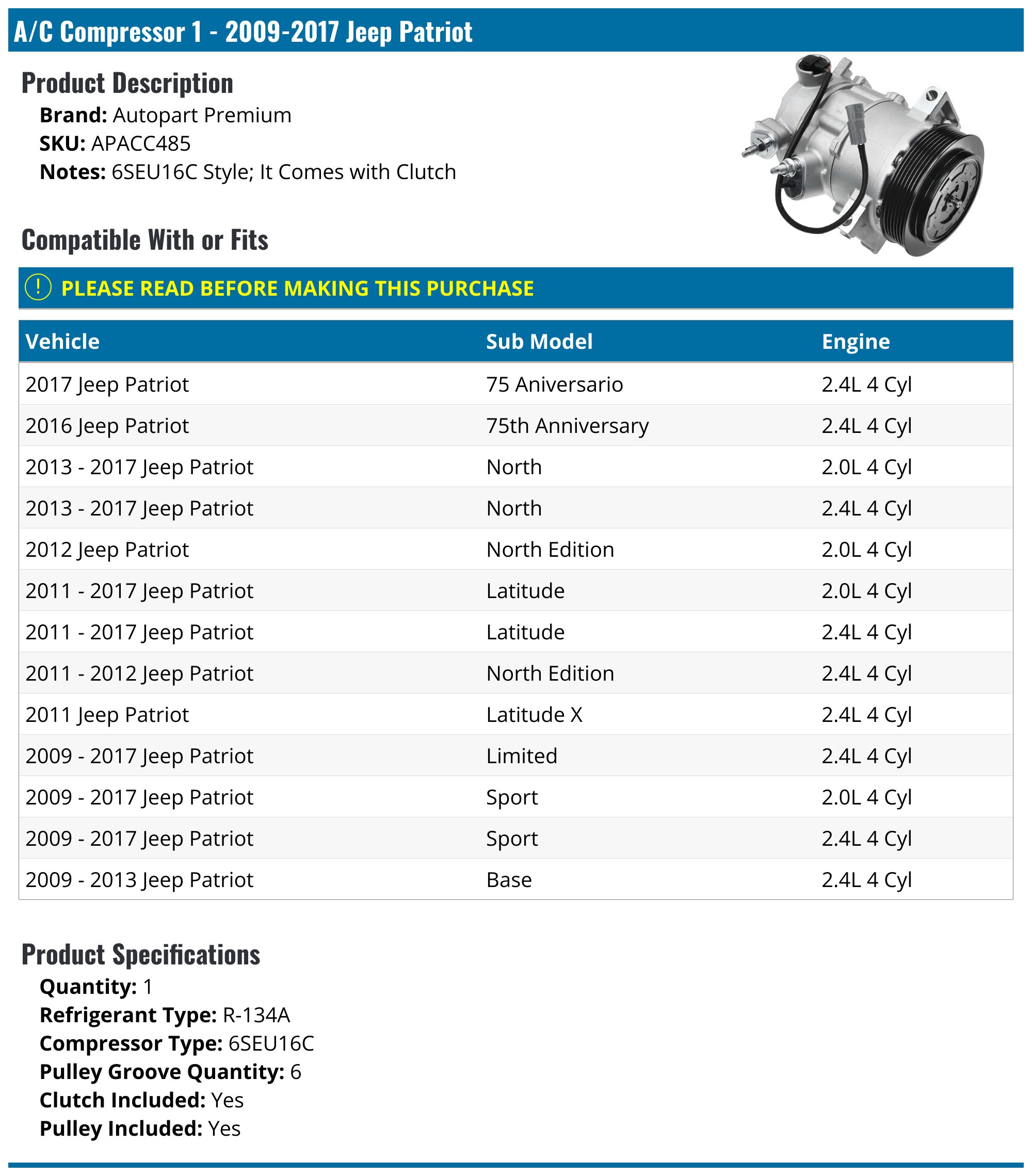 A/C Compressor - 2009-2017 Jeep Patriot - Autopart Premium 30277-02964804
