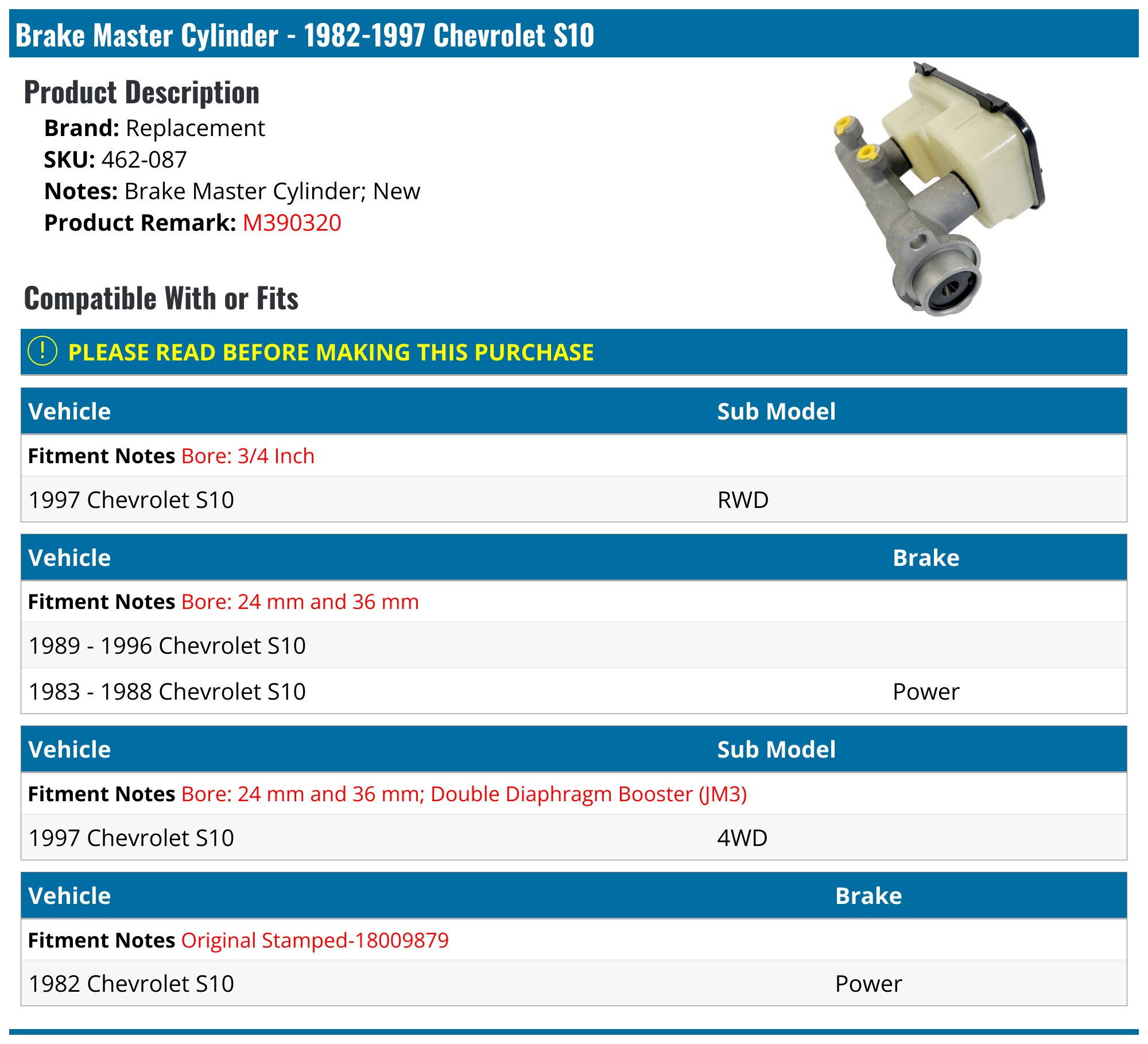 Brake Master Cylinder - 1982-1997 Chevrolet S10 - Replacement 3668-02389340